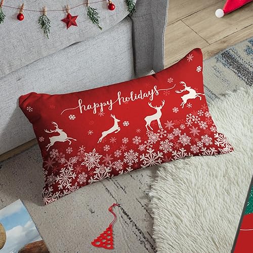 Miniatura 4 de Sanwarm Funda de almohada decorativa para decoración del hogar, copos de nieve rojos, ciervos, árbol de Navidad, funda de almohada decorativa de 12