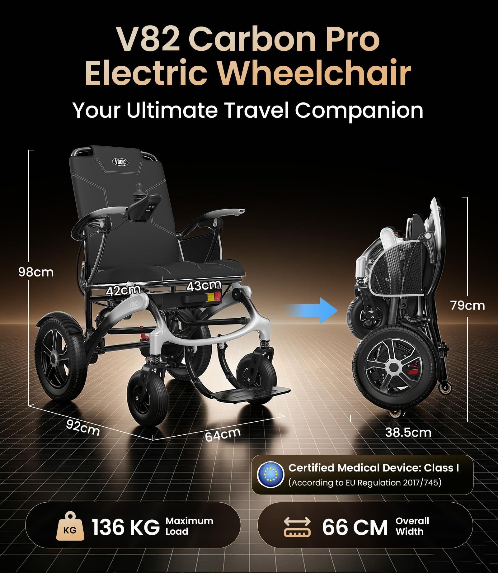 VOCIC Silla de ruedas de carbono eléctrica plegable ligera para personas mayores, plata | Sillas de ruedas eléctricas de hasta 136 kg, con motor de 500 W, con neumáticos para exteriores, ligeras (5 años de soporte)