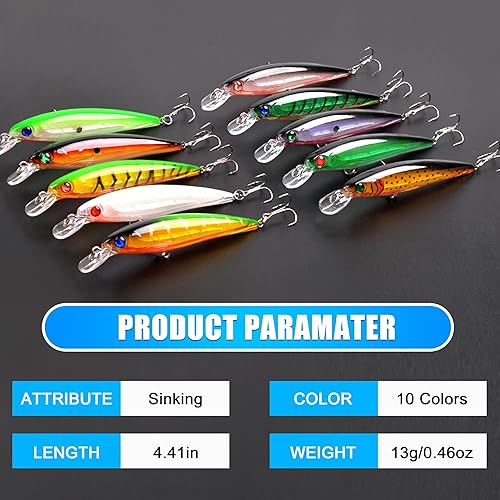Miniatura 8 de Señuelos de pesca duros, señuelos de minnow para lubina, juego de cebos de crankbait, señuelos de buceo profundo con gancho de agudos para lubina,