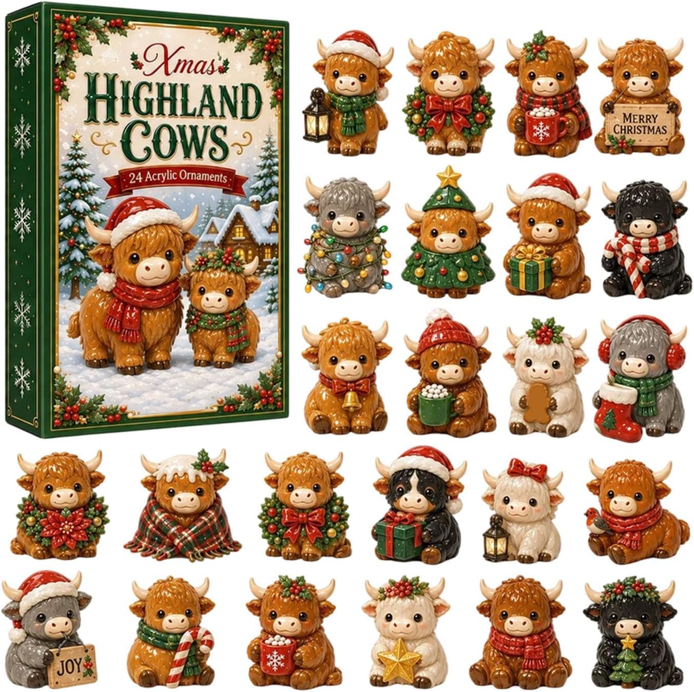 Highland Cow Advent Calendars 2026, 24 Days Christmas Countdown Calendar 2D Acrylic Cute Animal Theme Farmhouse Rustic Decor, Reusable Halloween Countdown Display, Cow Lover Gift，#A