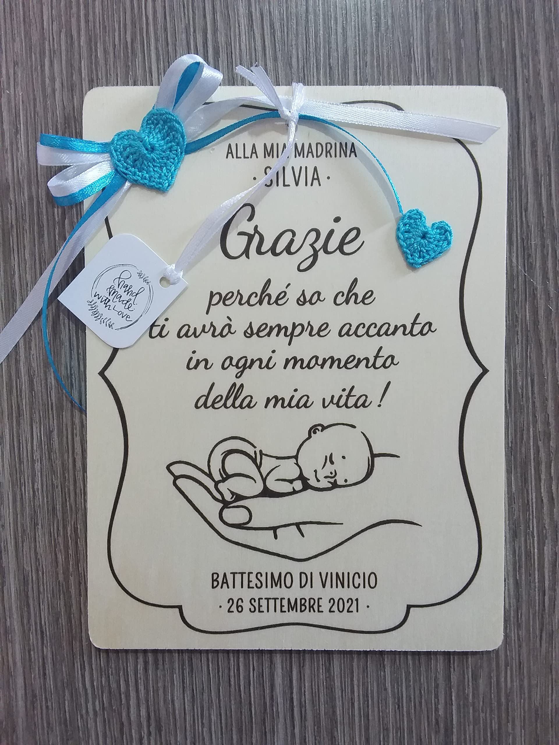 Crociedelizie, targa targhetta ricordo per madrina padrino battesimo idea regalo ringraziamento personalizzata personalizzabile nome e data completa di scatola regalo in omaggio