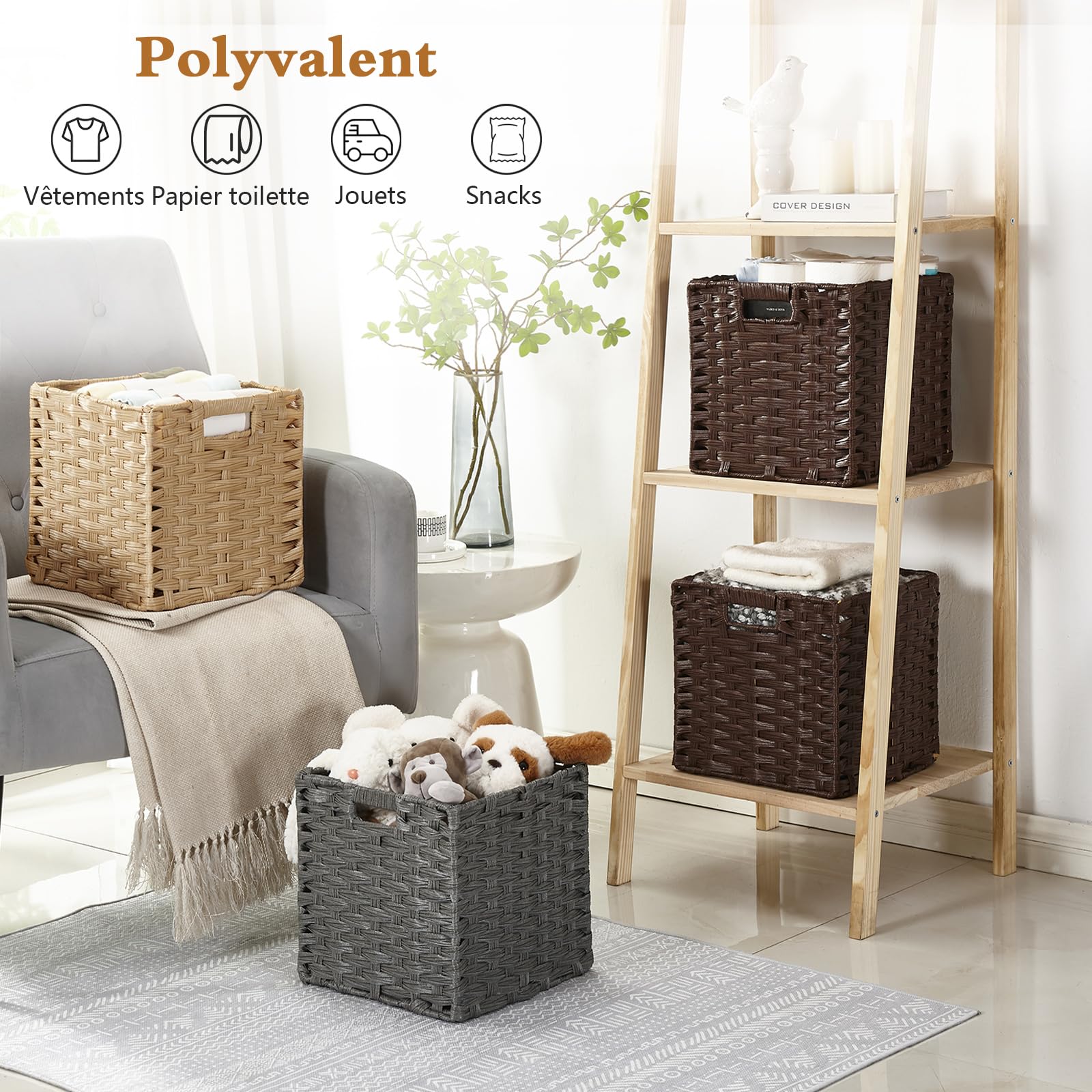 Sagittar Lot de 4 paniers pliables tressés en imitation rotin - 28 x 28 x 28 cm - Pour garde-manger, armoire, panier d'étagère cubique - Imperméables - Ne moisissent pas - Couleur naturelle
