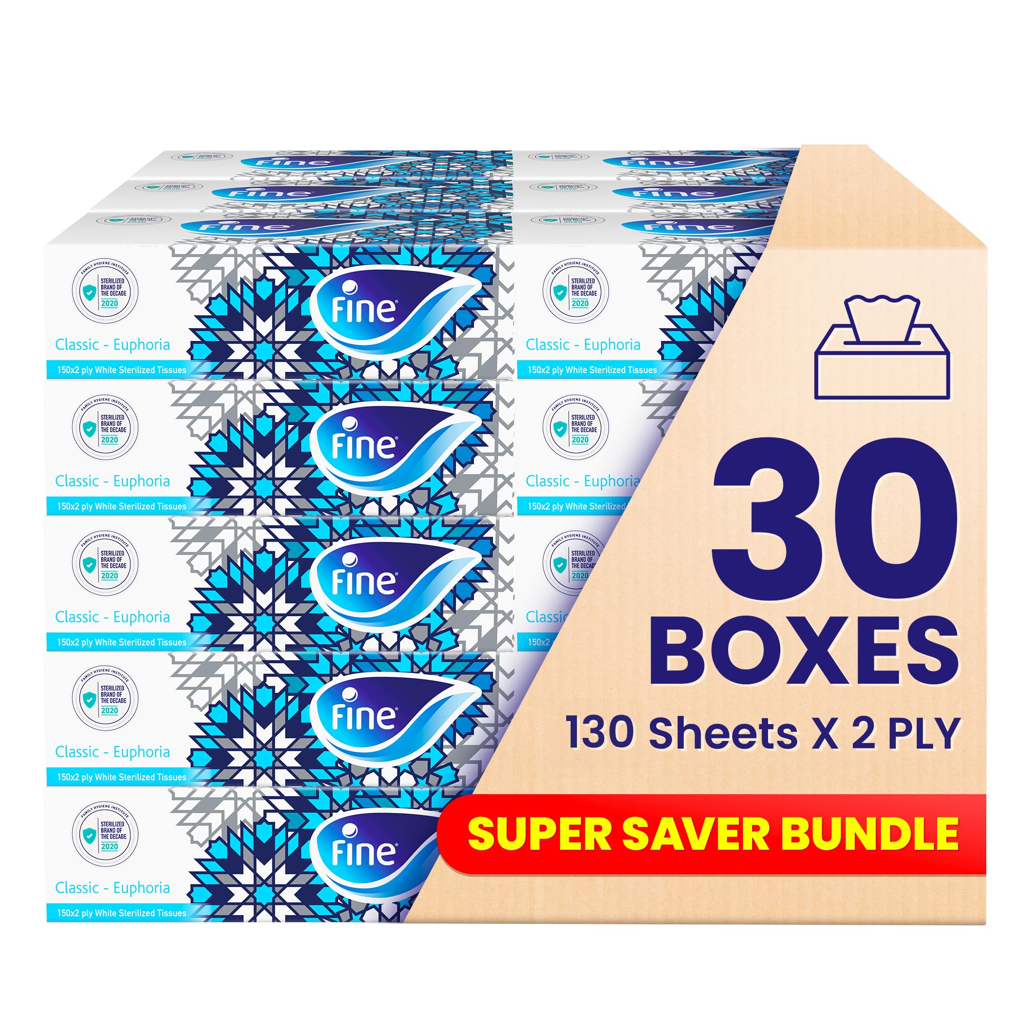 Facial Tissue Boxes, 30 Packs of 130 Sheets x 2 Ply