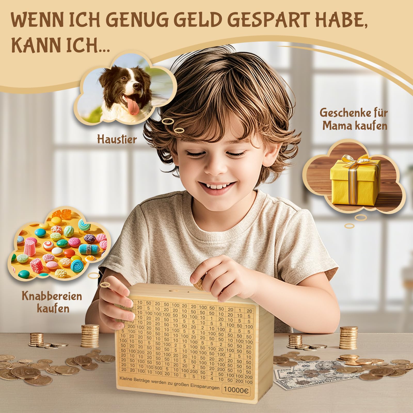 Bemaystar Spardose Holz, Großformatige Spardose Erwachsene für Kinder - Sparbox mit Zähler & Sparzielen für Münzen & Scheine - Ohne Montage Nötig (4 Sparziele von €1000 bis €10000)