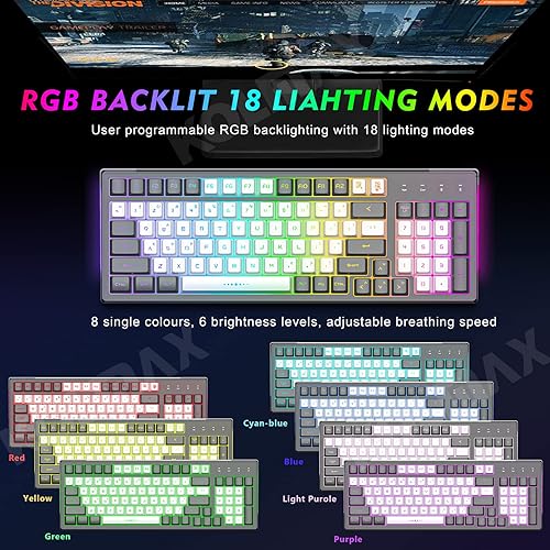 Miniatura 2 de CK98 Combo de teclado y mouse inalámbricos para juegos, teclado RGB gris recargable para juegos, retroiluminación RGB, 98 teclas, sensación