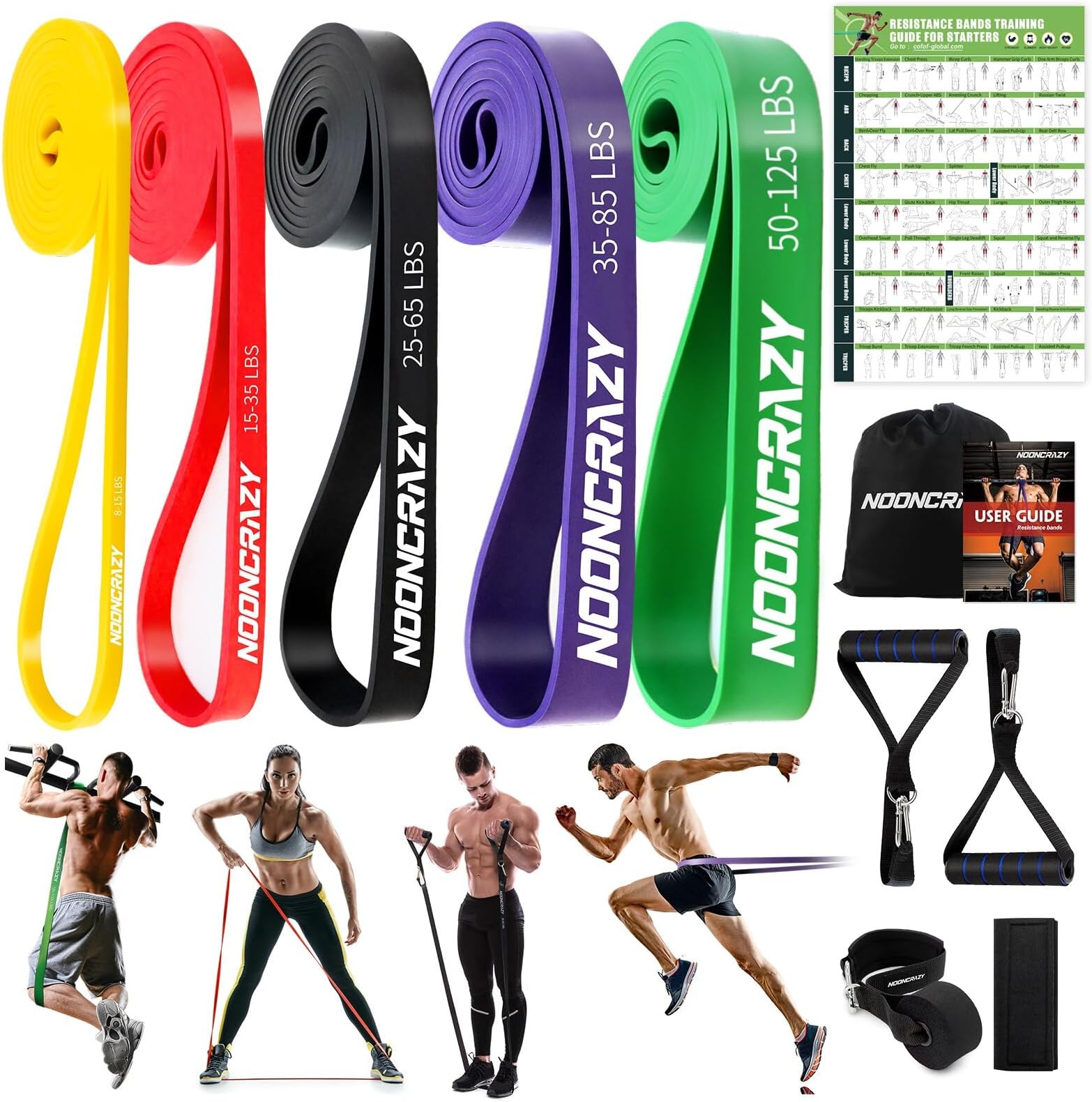 nooncrazy Resistance Bands Set, Pull Up Assistance Bands 5 Different Levels with Handles & Door Anchor & Training Poster, Gym Bands for Strength Training, Yoga, Muscle Toning for Men and Women
