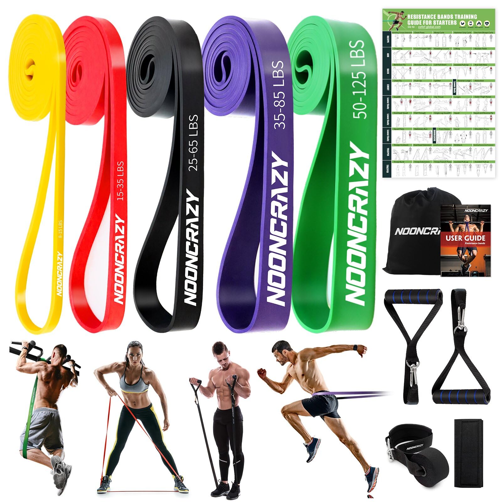 nooncrazy Resistance Bands Set, Pull Up Assistance Bands 4 Different Levels with Handles & Door Anchor & Training Poster, Gym Bands for Strength Training, Yoga, Muscle Toning for Men and Women