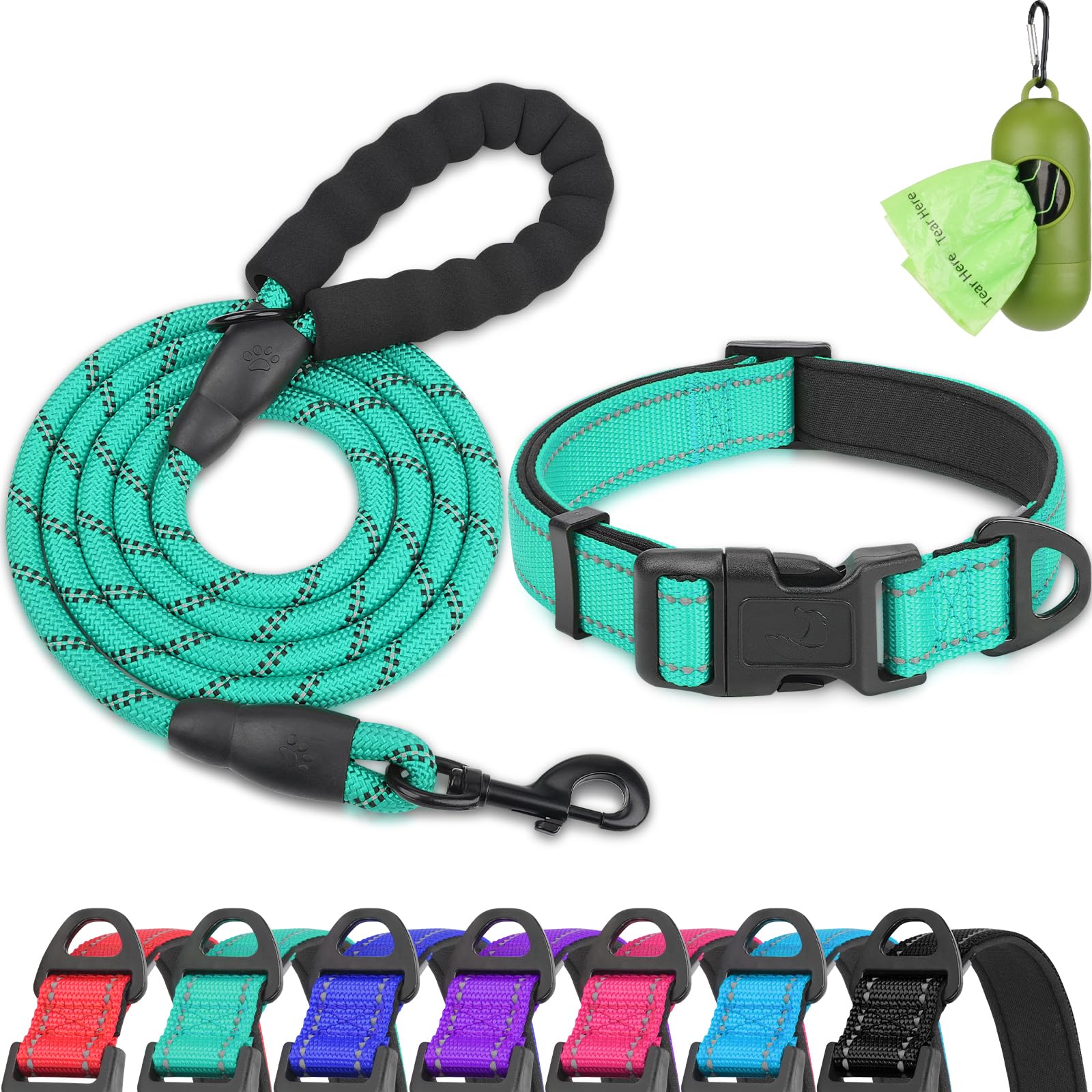 Dynmeow Reflective Dog Collar and Leash Set, 6FT Strong Climbing Rope Leash with Padded Handle, Adjustable Pet Collar with Soft Neoprene Padding for Large Dogs, Teal, L