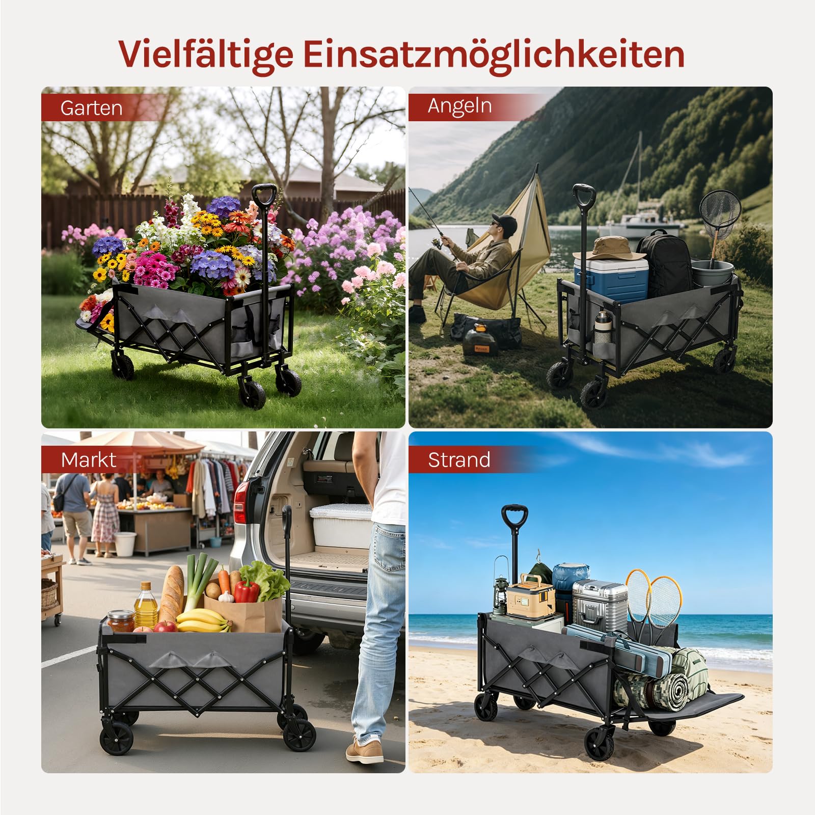 WOLTU Bollerwagen faltbar, 110L + 150kg Tragkraft, Handwagen mit 2 Getränkehaltern, 4 abnehmbaren Rädern, Rückwand klappbar und Griff, für Camping Picknick Einkaufen Strand, Grau