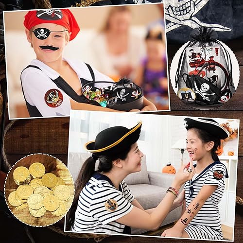 Miniatura 5 de 144 piezas de suministros de fiesta pirata incluyen pulsera pirata náutica tatuaje botón pin ojo parche oro moneda gema anillo bigote organza bolsa
