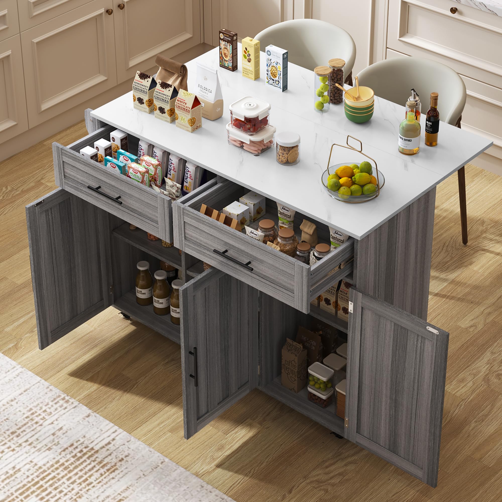 Carrello da pranzo con piano pieghevole, isola da cucina su 5 ruote, spazio di archiviazione con armadi e 2 cassetti, bianco e grigio cachi, 129 x 71 x 91,5 cm