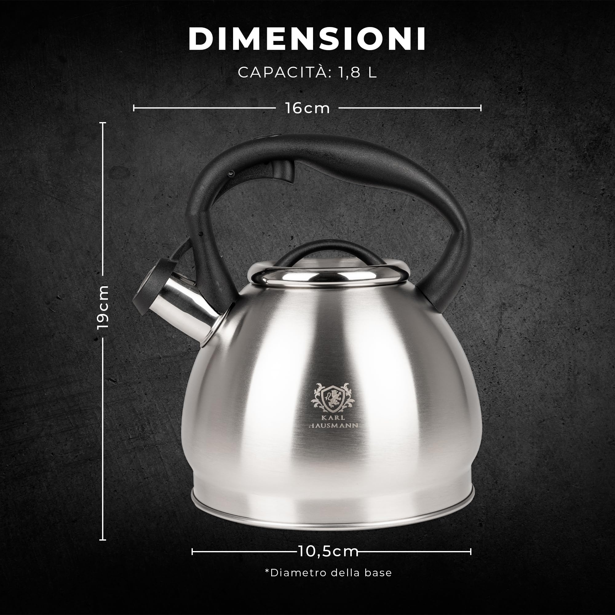 KARL HAUSMANN Bollitore Induzione 1,8L Acciaio Inox con Fischio - Teiera per Piano a Gas, Vetroceramica ed Elettrico - Bollitore Acqua Cucina con Coperchio