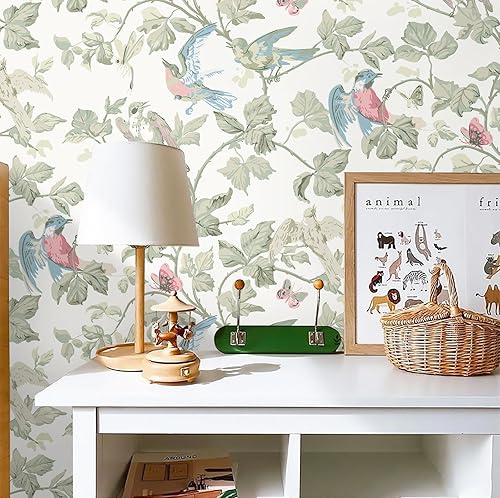 Miniatura 4 de Papel tapiz autoadhesivo para despegar y pegar, papel de contacto vintage, diseño de pájaros, hojas y mariposas, autoadhesivo, extraíble, papel