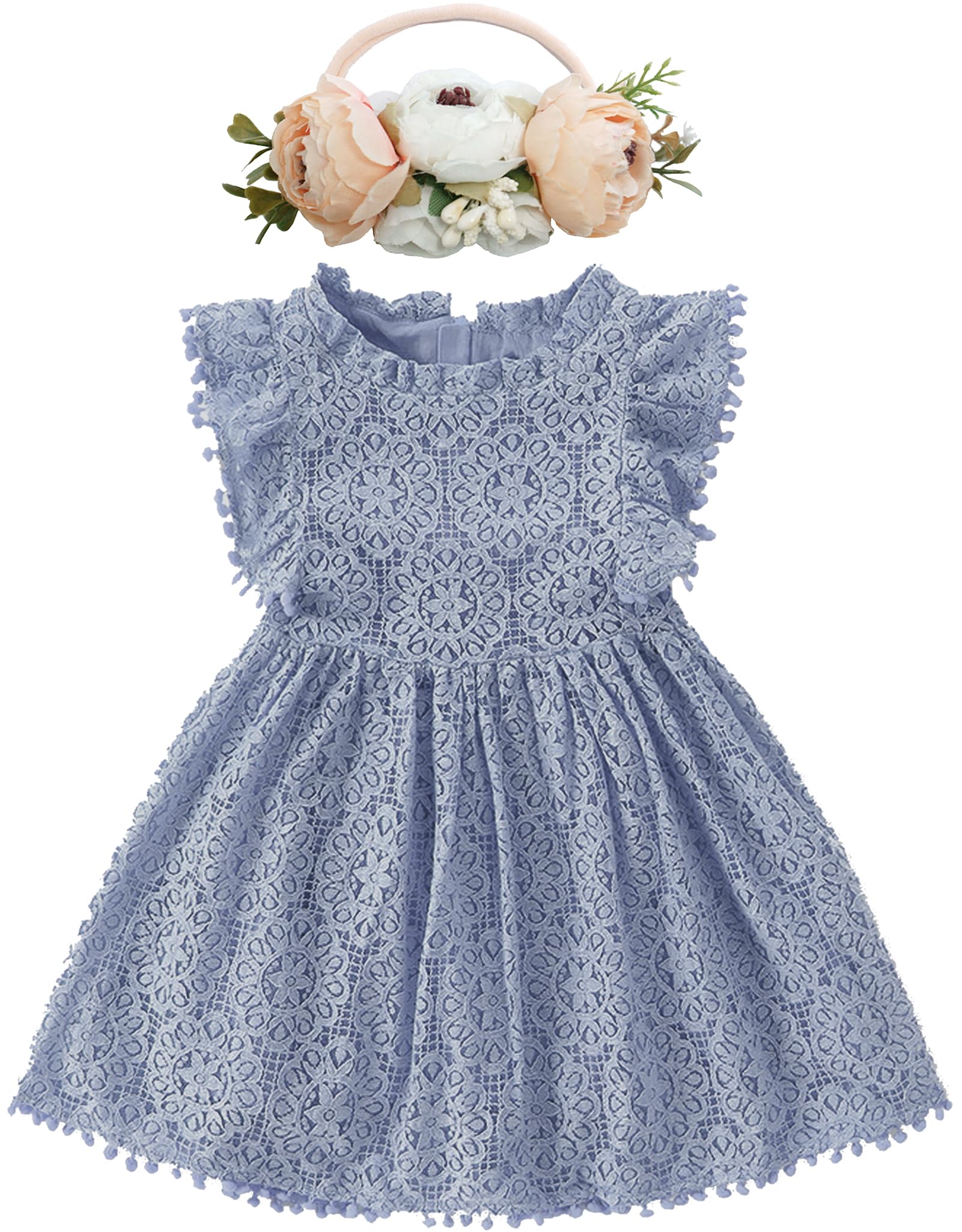BGFKS Baby Girl Tutu Dress Elegant Lace Pom Pom Flutter Sleeve with Flower Headband Set