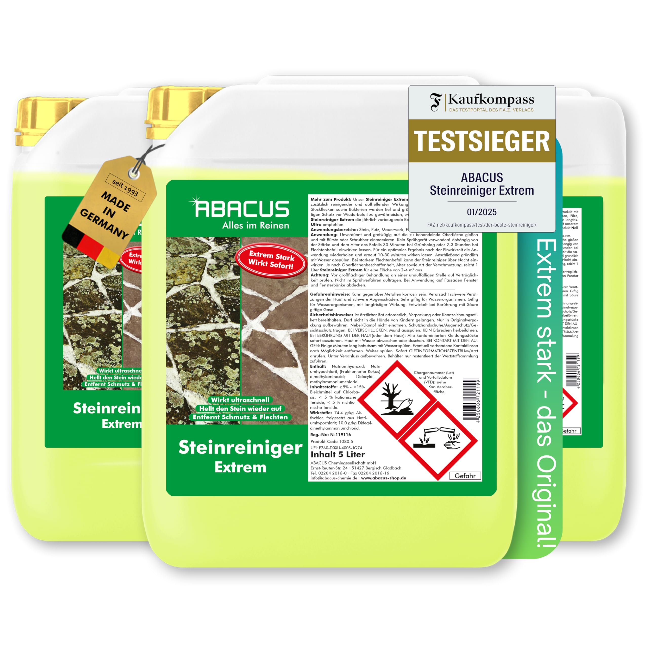 ABACUS® Steinreiniger Extrem, intensiver Steinreiniger für außen mit Sofortwirkung, entfernt sofort Schmutz, Grünbelag, Flechten & Algen in Minuten, Steinreiniger Intensiv außen 15 Liter