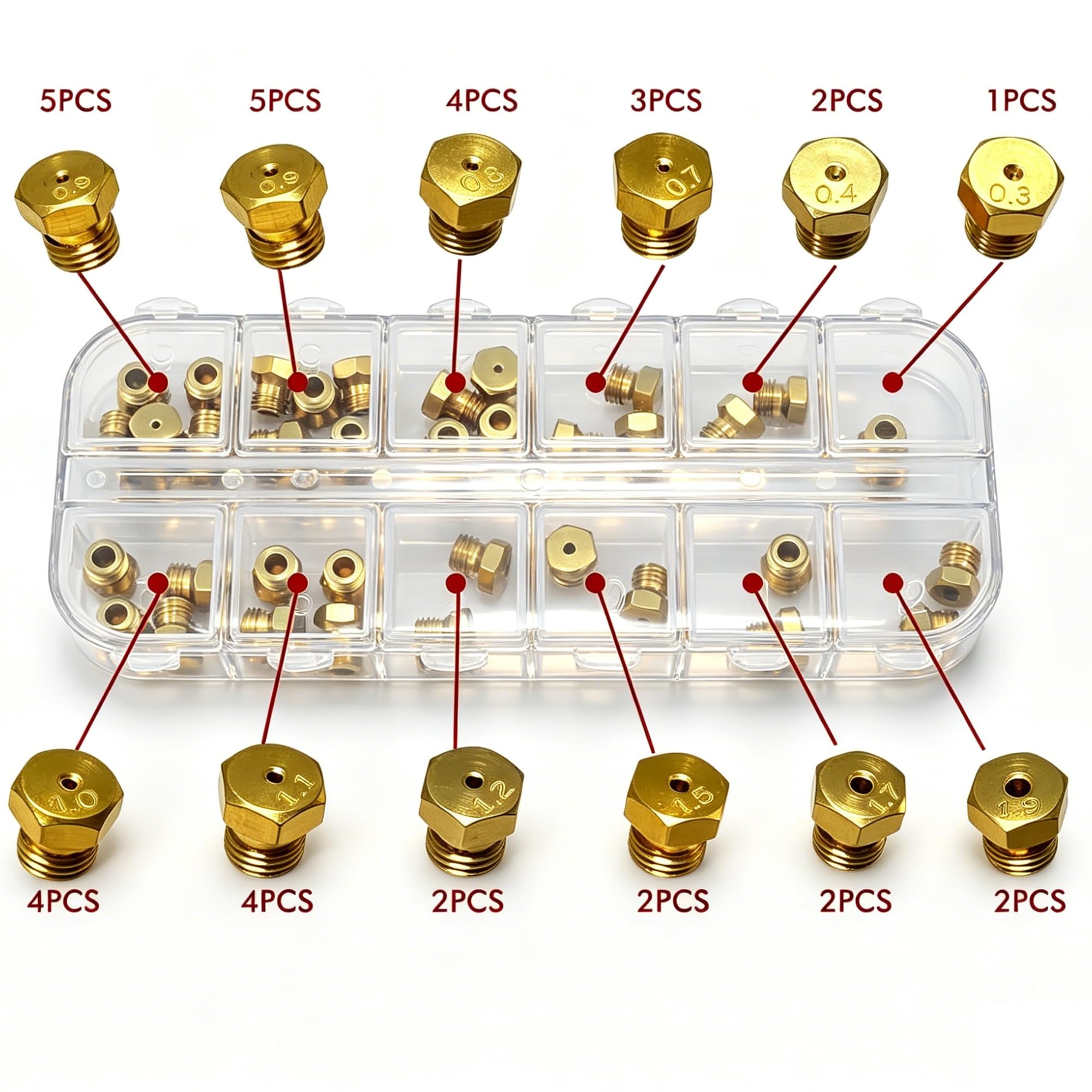 Kit de conversión de gas LP de 36 piezas para estufa/estufa/estufa. Boquillas de orificio de latón para propano y gas natural (0,3 mm-1,9 mm, M6 x 0,75 mm) compatibles con Frigidaire, Kenmore,