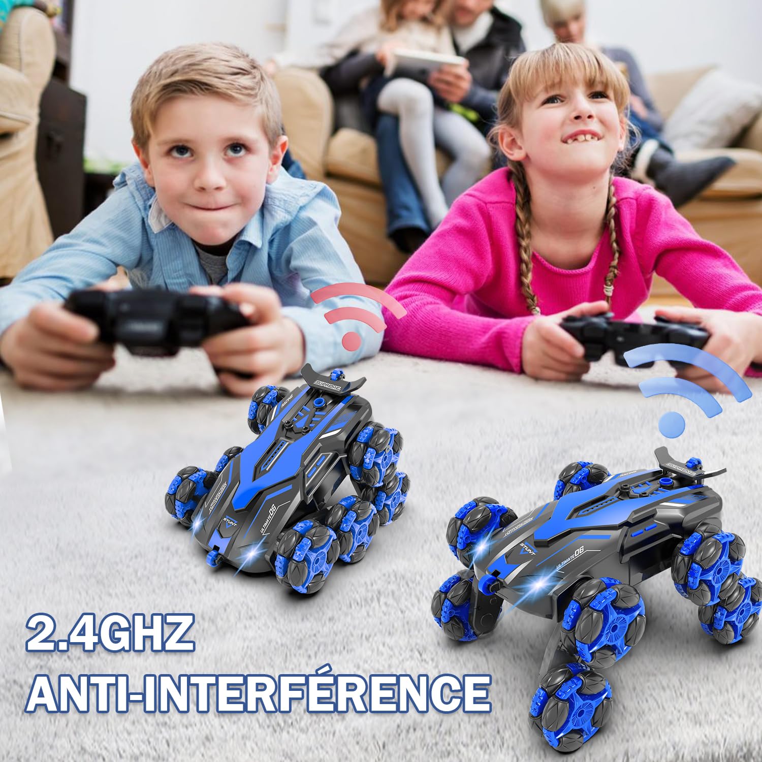 Voiture RC Tout Terrain 1:16 avec Spray et Lumières LED, 2.4GHz, Stunt Drift 360°, Jouet Garçon et Fille 4-10 Ans