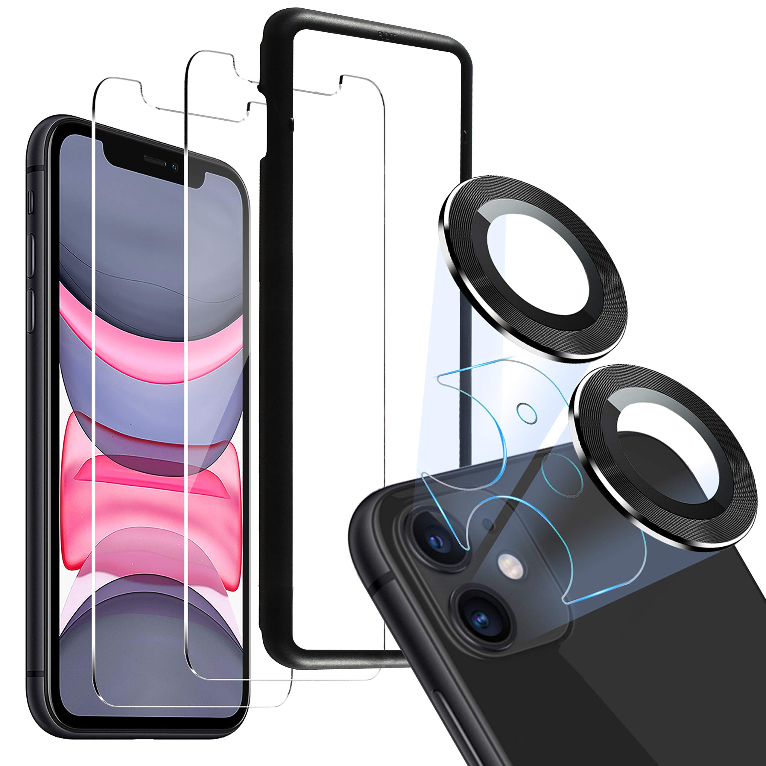 JOLOJO iPhone 11 Screen Protector (6.1") 2 Pack + (Set of 2) Camera Lens Protector for iPhone 11 Tempered Glass [Case Friendly] + [Easy install Tray] 9H Hardness/Touch Accurate/Ultra Clear - Black