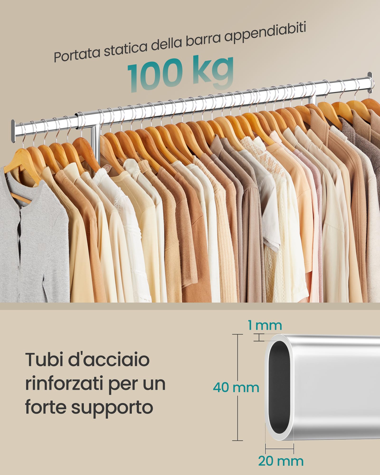 SONGMICS Stand Appendiabiti con Ruote, Attaccapanni Estensibile per Carichi Pesanti, Portata Totale 100 kg, 45 x (92-132) x 161,5 cm, Facile da Montare e Spostare, Argento HSR13S