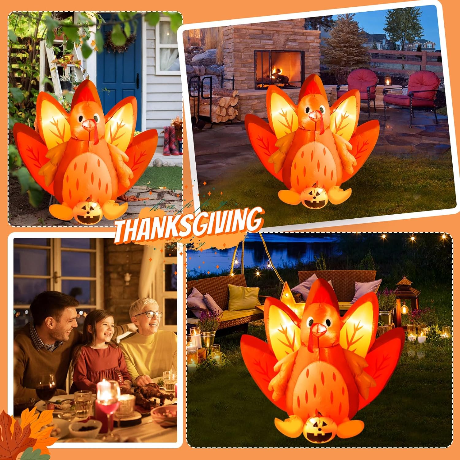 5FT Halloween & Thanksgiving Inflatable Turkey&Pumpin,with Built-in LED Lights, Outdoor/Indoor Seasonal Decoration with Pumpkin, Yard Lawn Garden Holiday Blow-Up Decor