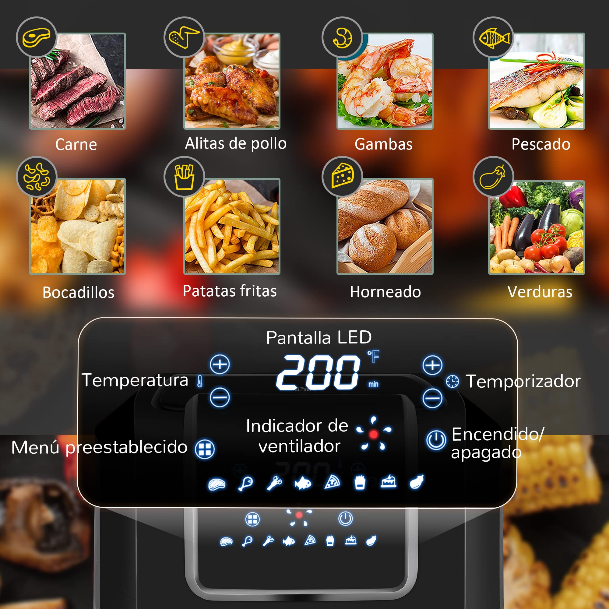 HOMCOM Freidora sin Aceite 6,5L 1700W 36,5x29x33,8 cm Negro | Freidora de Aire, 8 Programas, Pantalla LED Táctil, Temperatura Ajustable, Temporizador, Cesta Antiadherente
