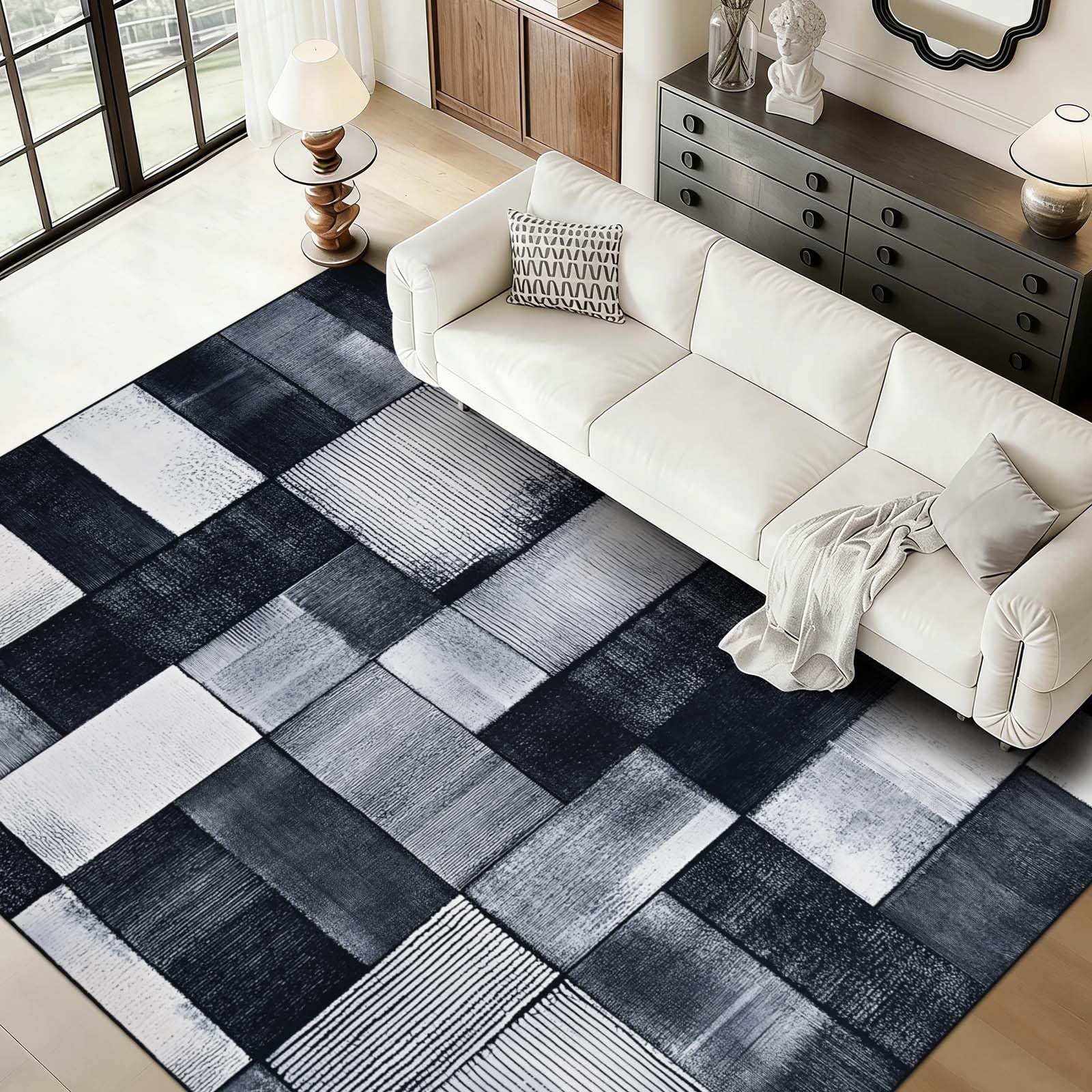 Alishomtll Teppich Wohnzimmer Schwarz Grau, Modern Kariert Läufer 200x280cm