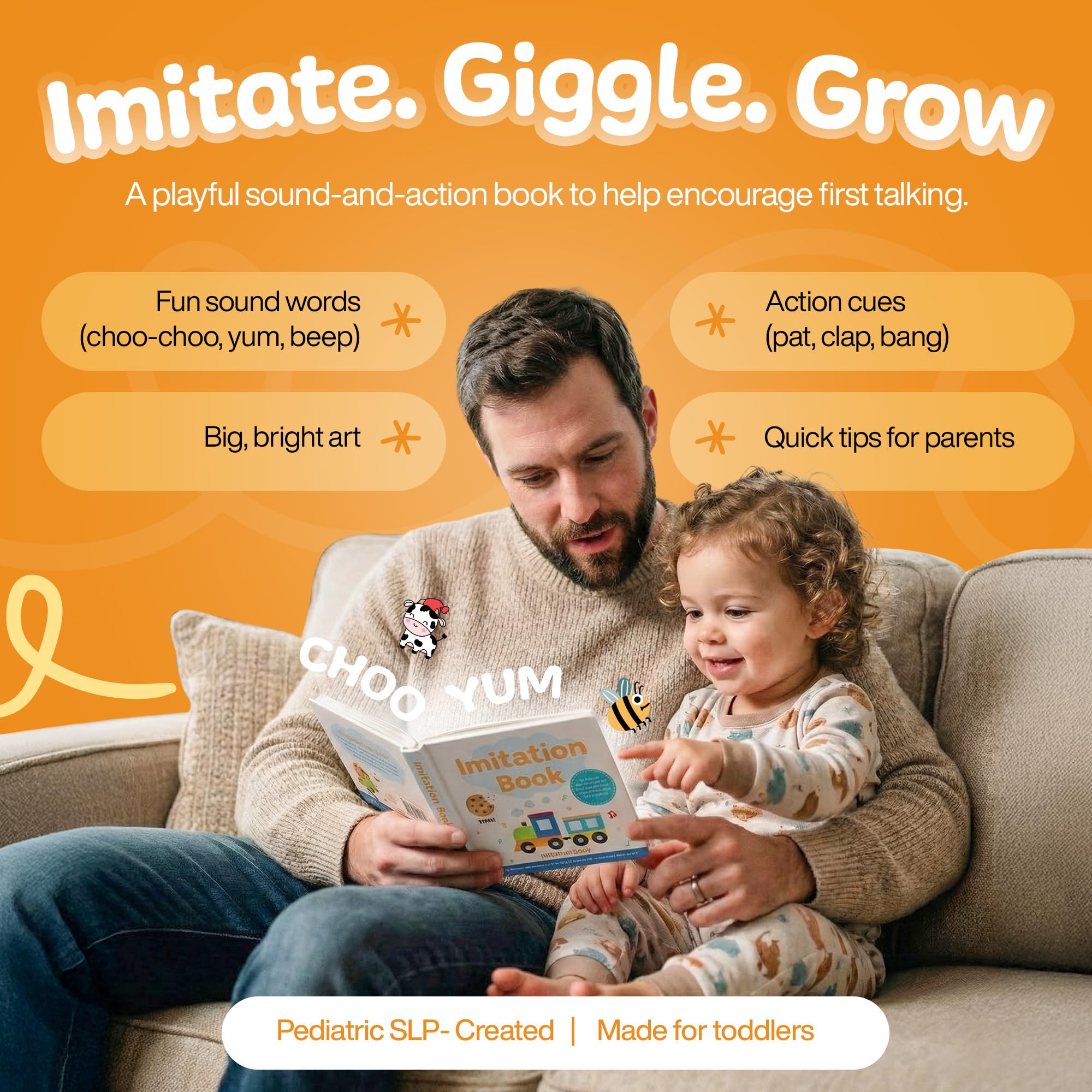 Livre d'imitation interactif et amusant pour apprendre à parler pour les tout-petits de 0 à 4 ans, écrit par un orthophoniste