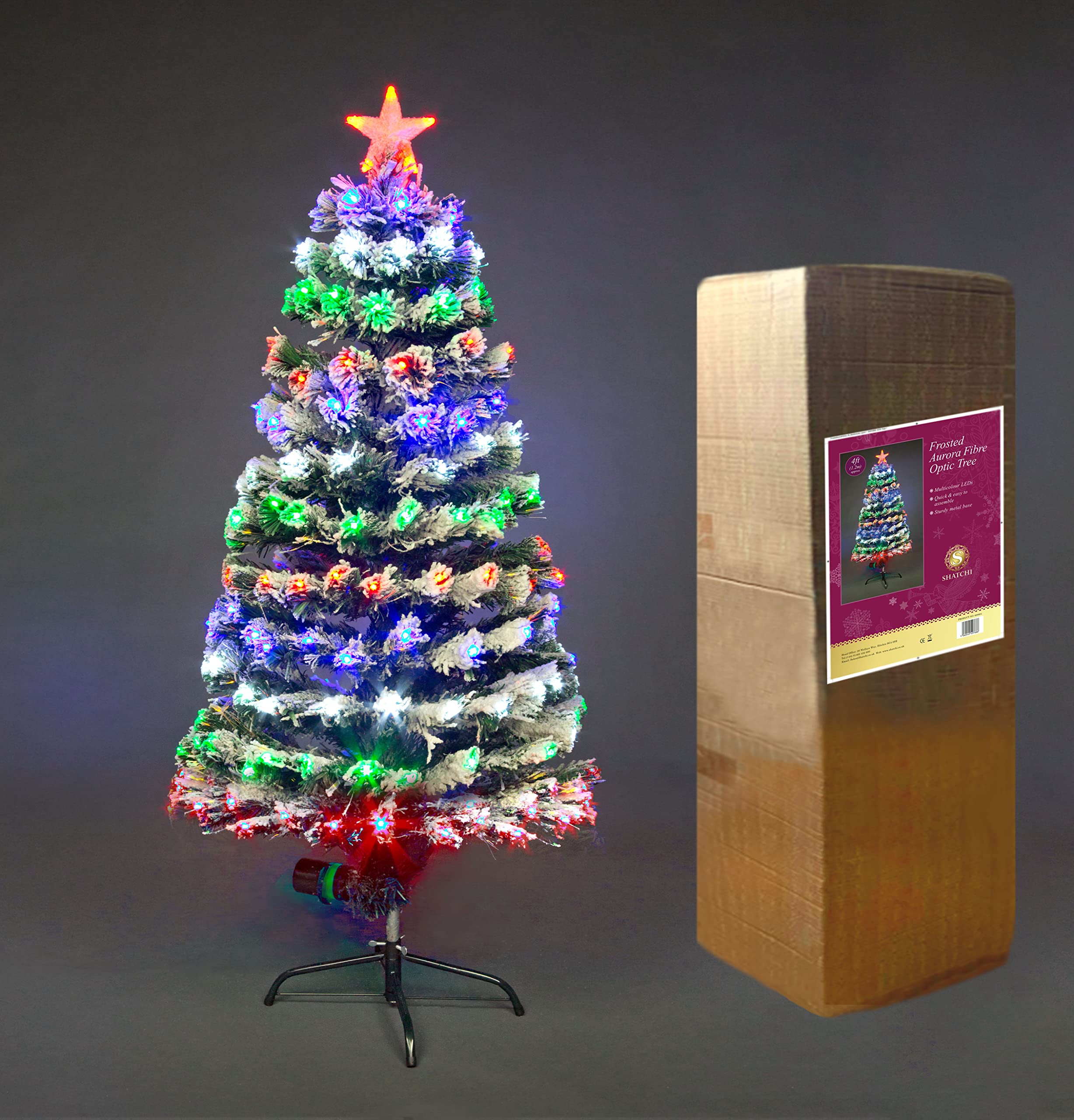 4Ft/120cm Fibre Optic Christmas Tree Pre-Lit with Multicolour LED Lights Frosted Tips 8 Different Modes Various Light Effects Holiday Xmas Home Decorations