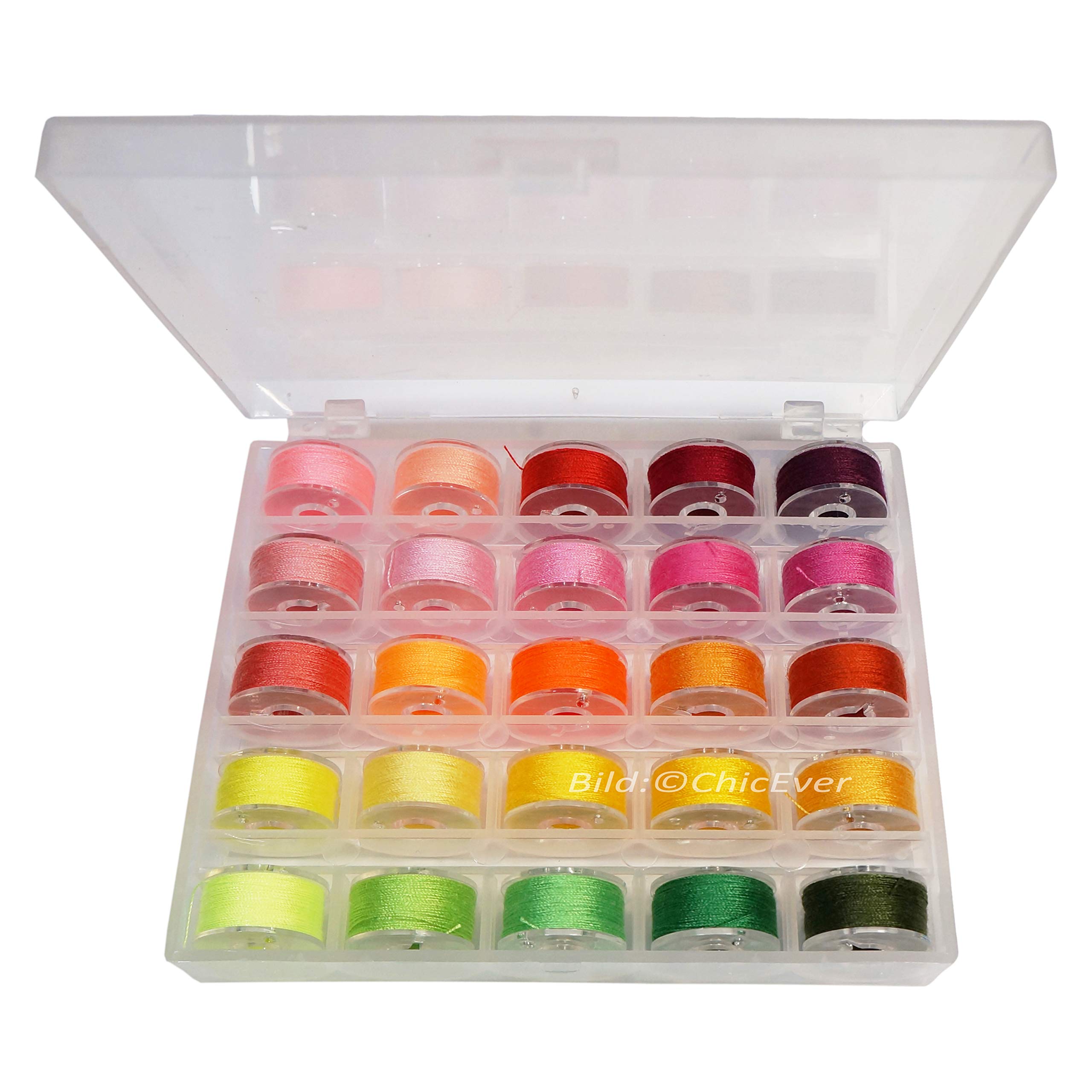 ChicEver 25x Universal Bobbins with Sewing Thread in Box Plastic for Sewing Machines 8719b