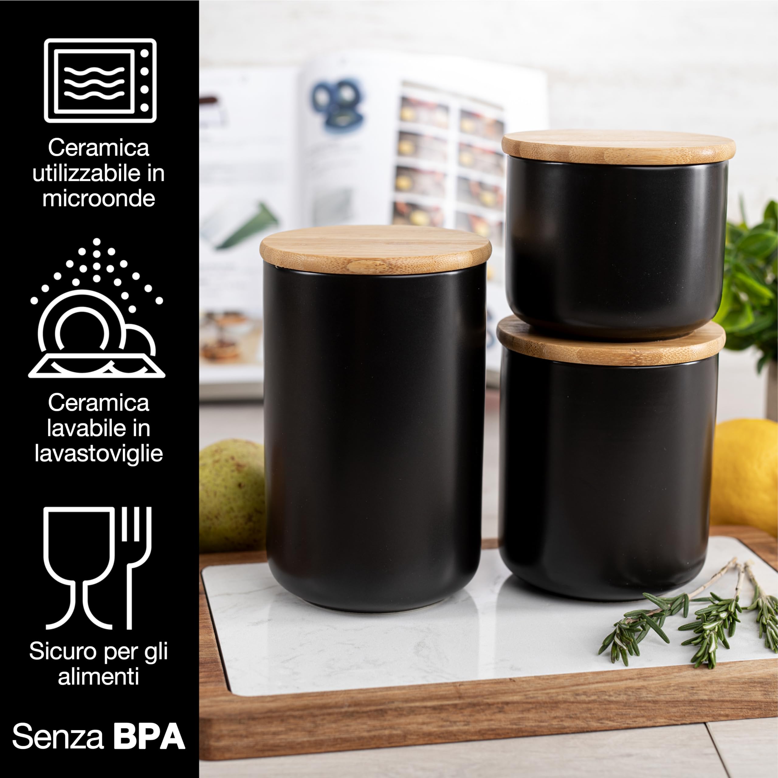 Moritz & Moritz barattoli cucina nero 400-900 ml - Scrivibile - 3x Barattolo ceramica con coperchio in bambù - Barattolo con coperchio per farina, caffè, muesli o utensili da bagno