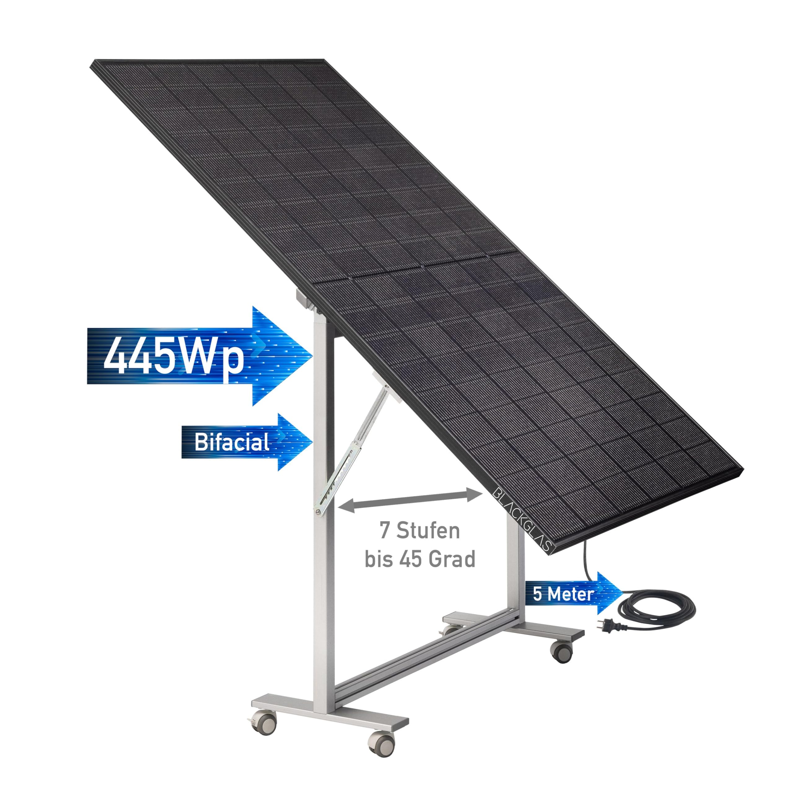 SolarScreen Sichtschutz VEOelegancePRO-H Modul 445Wp Full Black Solarmodul, Wechselrichter mit App, 5m Kabel, Verstellbarer Winkel, Plug & Play, Vormontiert, Made-in-Germany