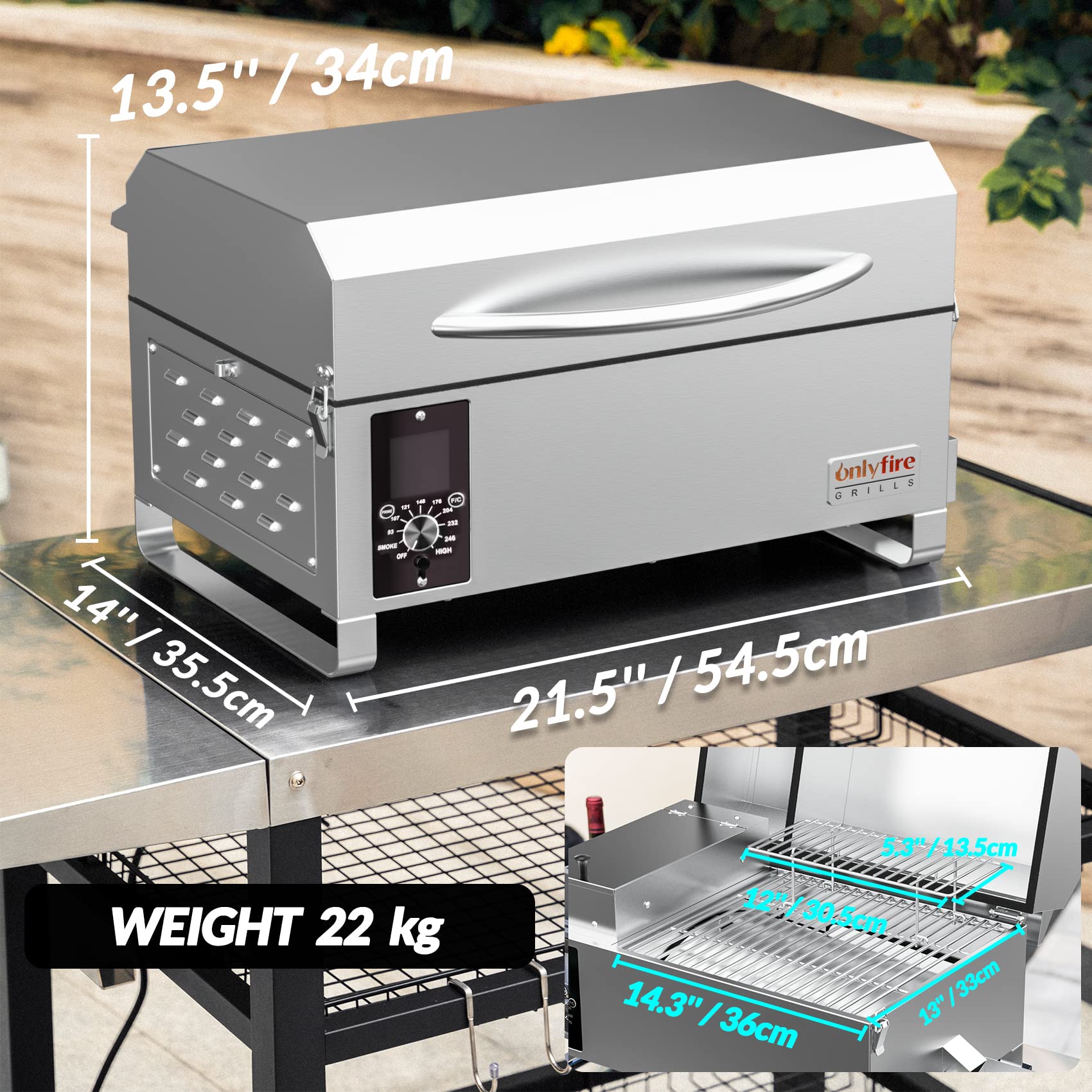 Onlyfire Tragbarer Pellet Grill, Edelstahl Pellet Smoker, 8-in-1-Multifunktion BBQ Pellet Smoker Grill, mit Automatischer Temperaturregelung, LED-Bildschirm, Silbe