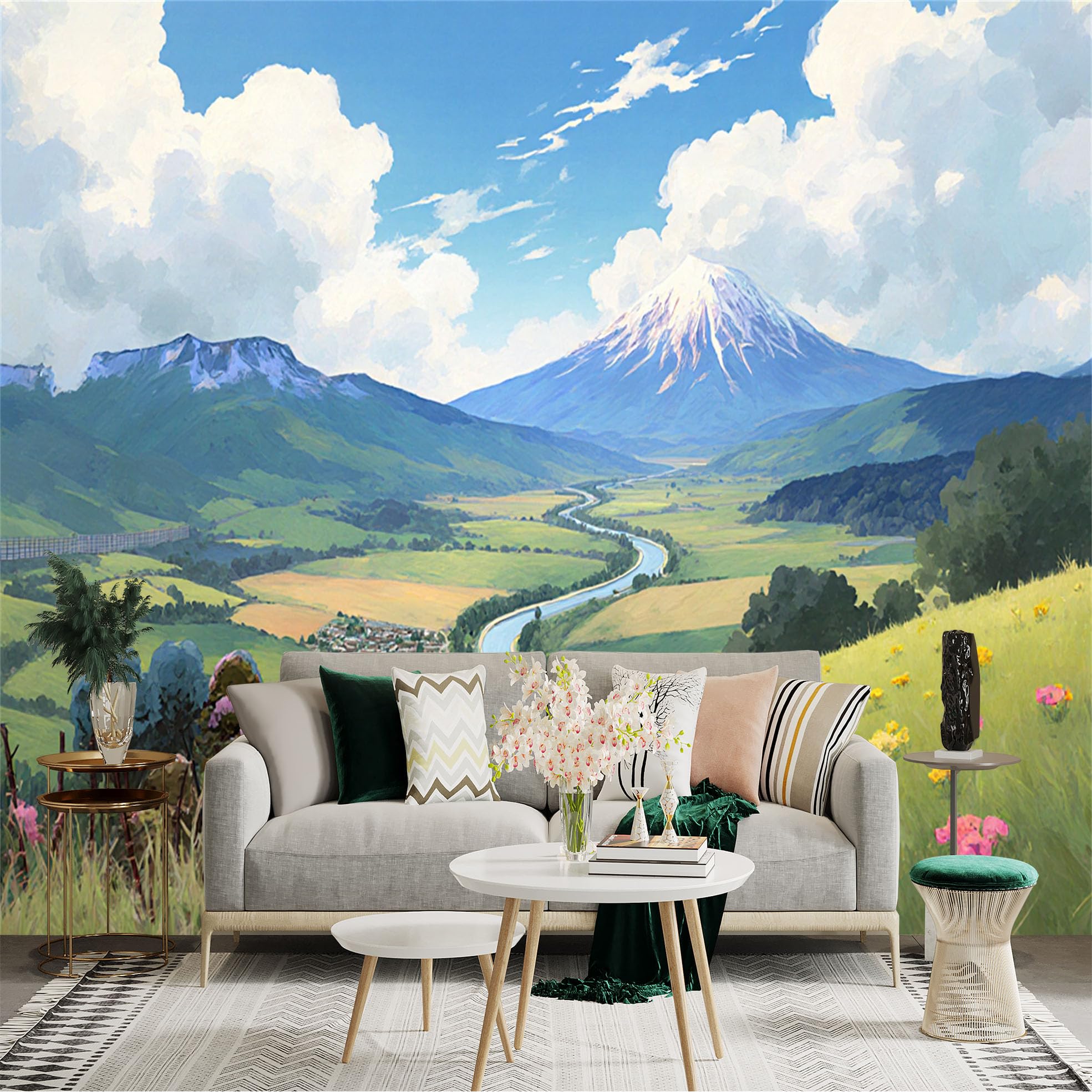 Custom Size Wall Sticker Mural， Snow Mountain Valley with River， Green Fields and Blue Sky Landscape， for wall Decoration， peelandstick wall Decals.