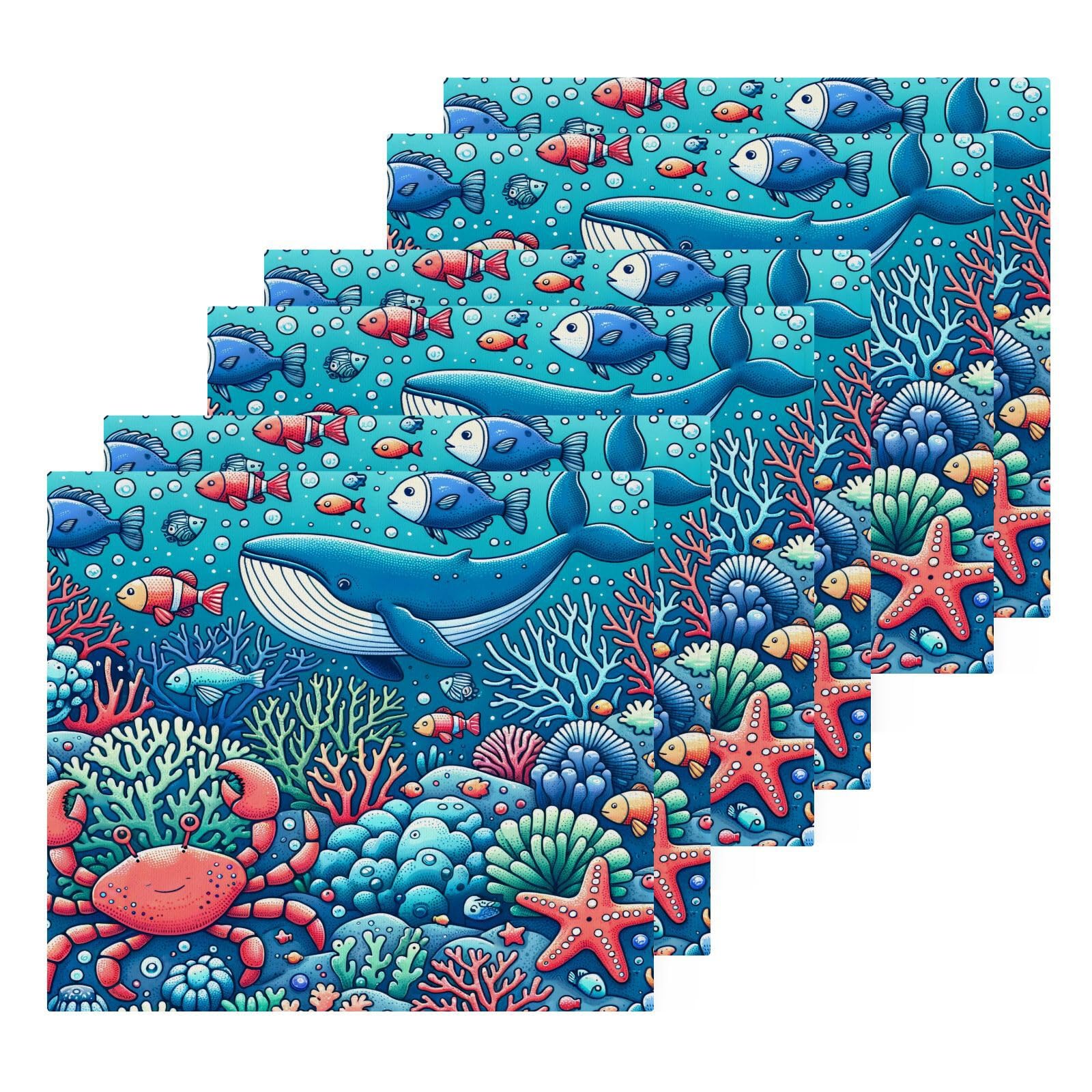 YANENDIE Cute Underwater Animal Washcloths Towels, Highly Absorbent and Soft Cotton Face Cloths, 6 Pack Quick Dry Wash Cloths - 12 X 12 Inches