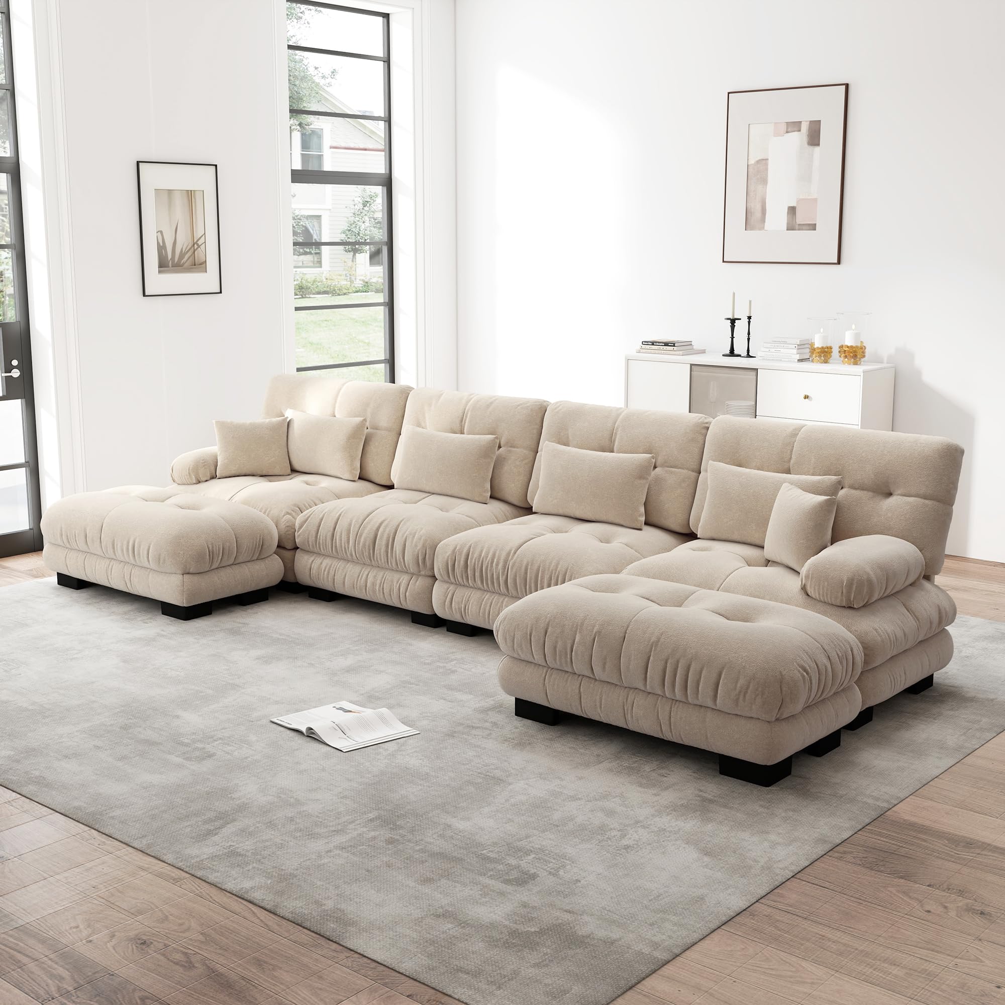 Divano angolare modulare, set divano a forma di U per soggiorno, 4 posti, comodi divani cloud con pouf mobile, combinazione fai da te, caffè leggero, ciniglia marrone chiaro