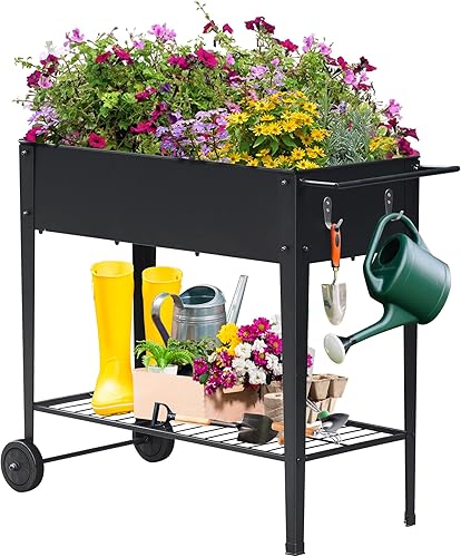 Smartxchoices Cama elevada de jardín con ruedas macetero con patas para flores verduras hierbas cama de jardinería elevada galvanizada de metal de