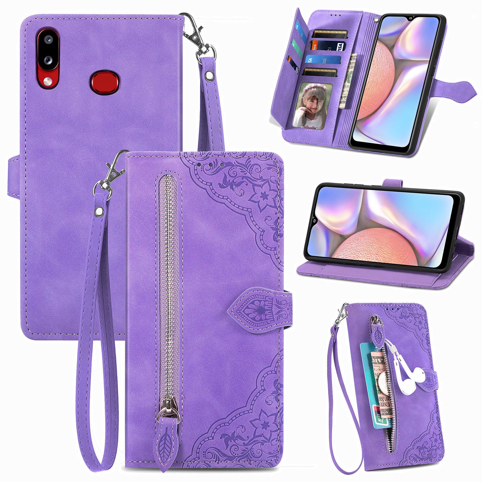 Furiet Compatible with Samsung Galaxy A10s Wallet Case with Wrist Strap Lanyard Leather Flip Card Holder Stand Cell Accessories Phone Cover for A01S M01S Women Purple