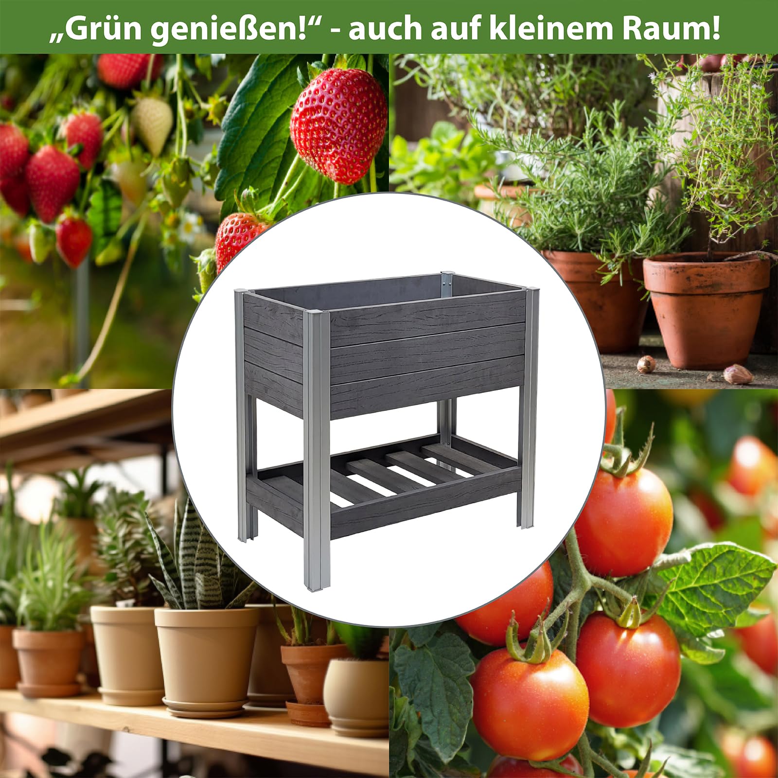 TRUTZHOLM Hochbeet mit Ablage 79x46x74 cm 65 Liter Holzoptik robust witterungsbeständig Kräuterbeet Pflanzkasten Anthrazit