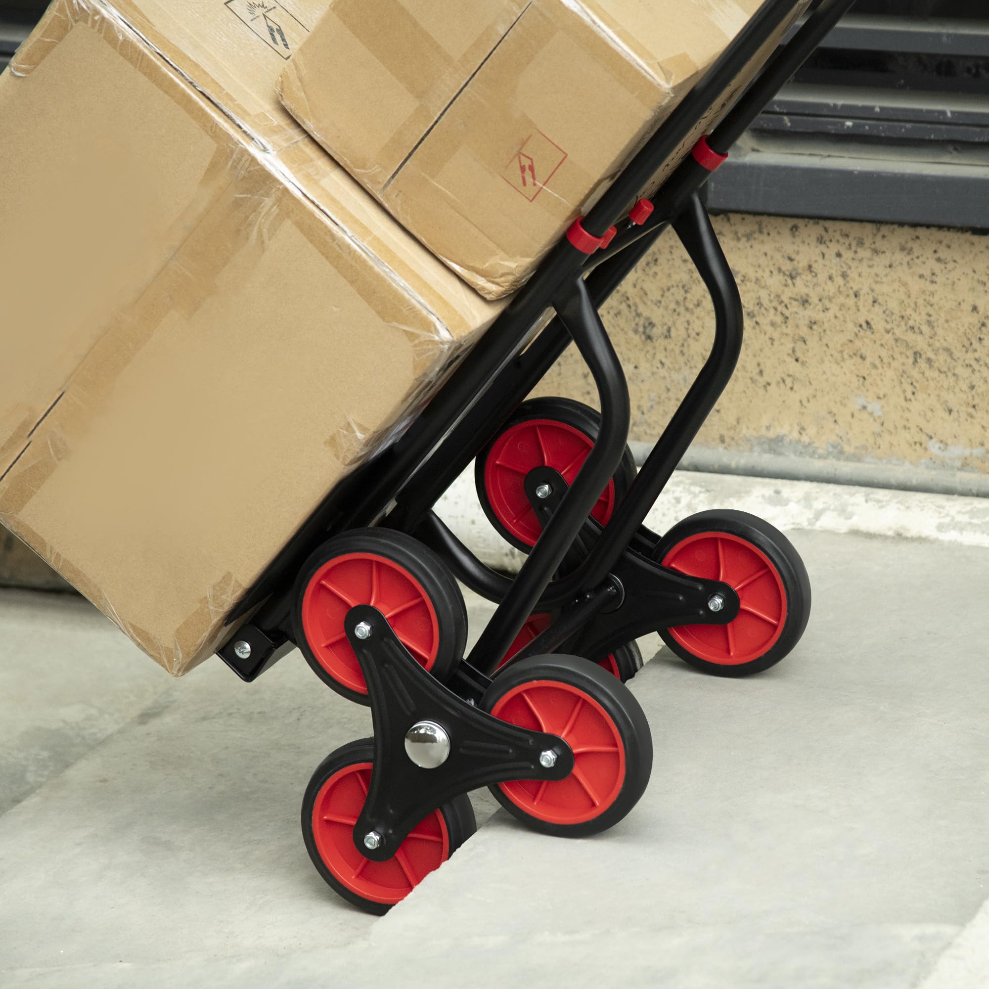 DURHAND Diable d'escalier Pliable 120 kg 6 Roues, Diable demenagement Robuste en Acier avec Cordes télescopiques, Chariot de Transport pour entrepôt, aéroport, Objets volumineux & Lourds, Rouge
