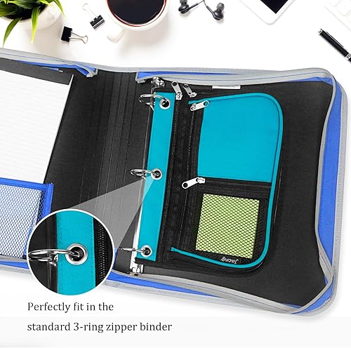 Miniatura 5 de Estuche de gran capacidad para carpeta de 3 anillas, bolsas expandibles con cremallera, 3 compartimentos para organizadores de oficina (azul)