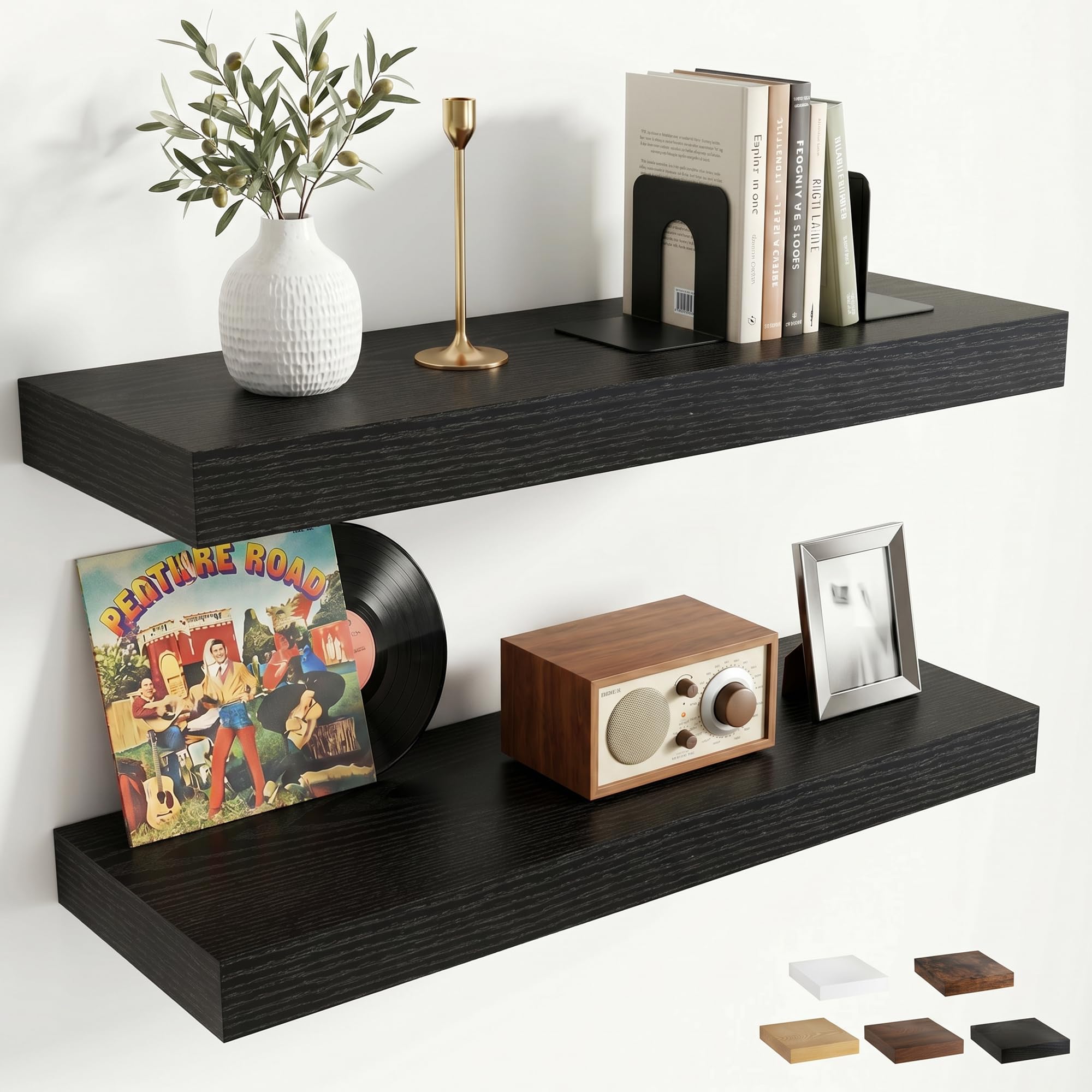Furnbuty Floating Shelves Pack of 2, 60cm Wall Shelves Black Shelves with Robust Iron Assembly, Deep 19.5cm Floating Shelf for Kitchen, Bedroom, Living Room, Bathroom, Office Organizer, Wall Décor