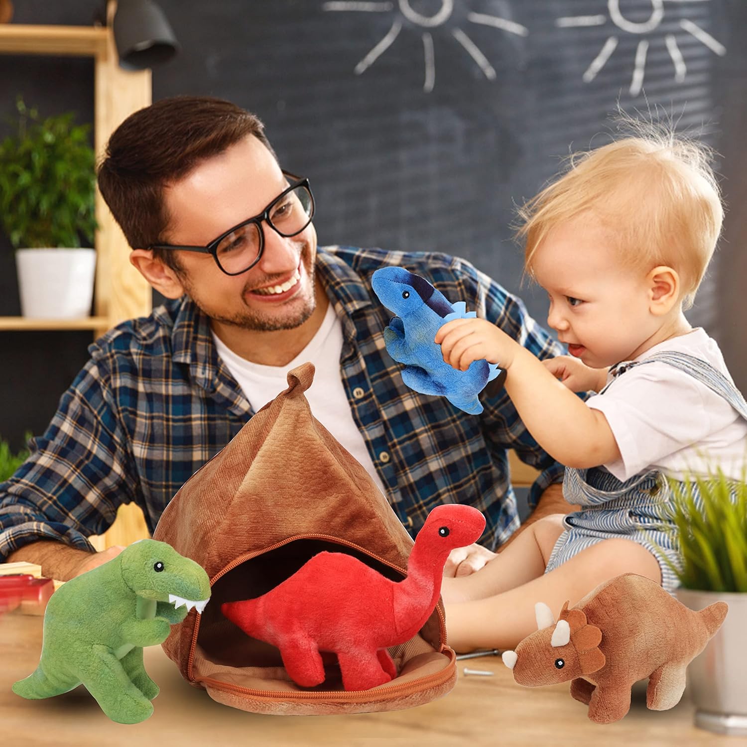 Hopearl Dinosaur Plush Volcano House with 4 Baby Dino Stuffed Animals Storage Bag Playset Toy Plush Toy Set Gifts for Kids, Boys & Girls Ages 3+, 11''