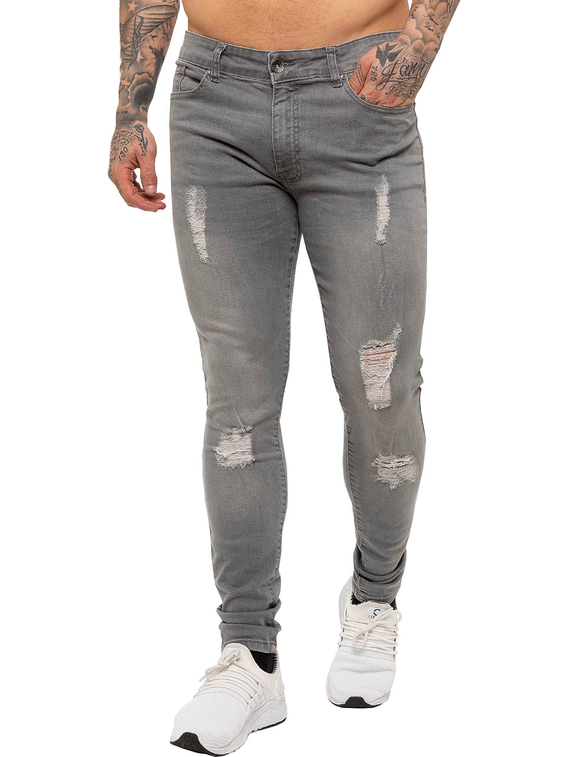 EZ383 Enzo Mens Super Skinny Ripped Jeans Stretch Frayed Denim Pants Waist Sizes 28” - 42”