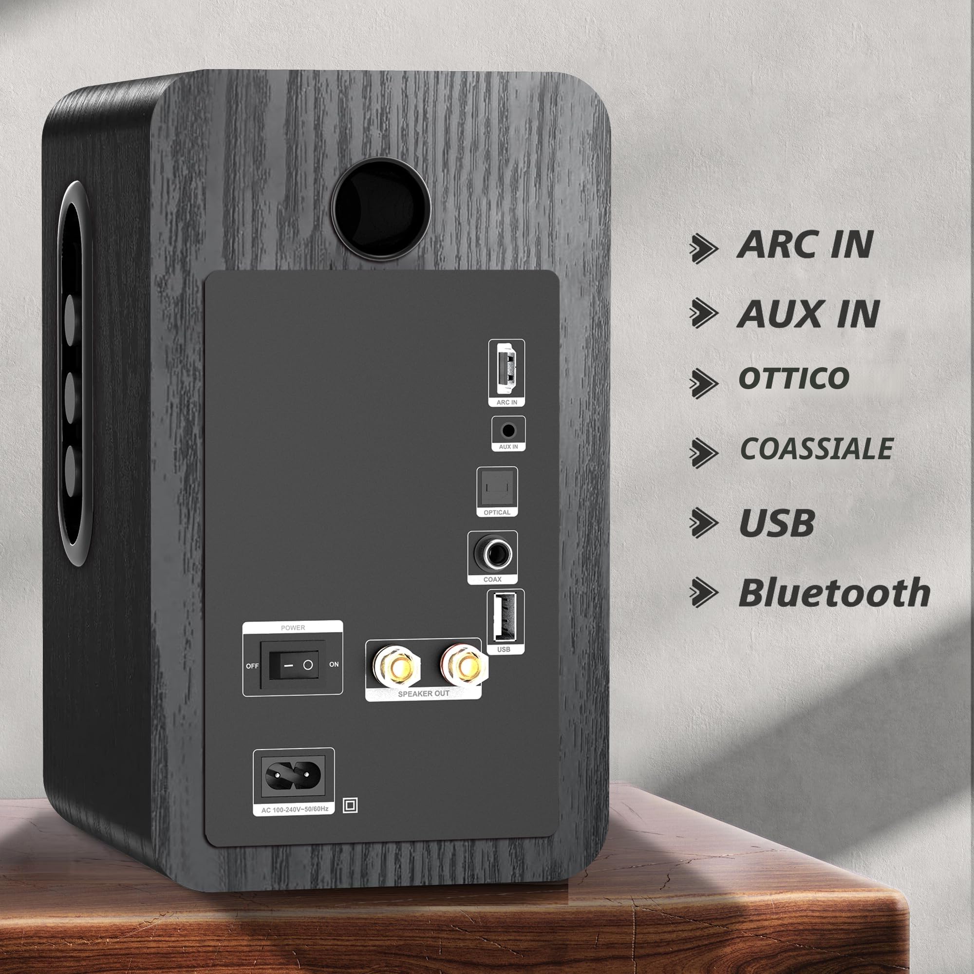 LONPOO LP-42X Attivi Diffusori da scaffale 100W RMS | woofer 4" fibra di carbonio | connettività HDMI ARC, Ottica, Coassiale, Bluetooth 5.3, AUX-IN, USB, telecomando (nero)