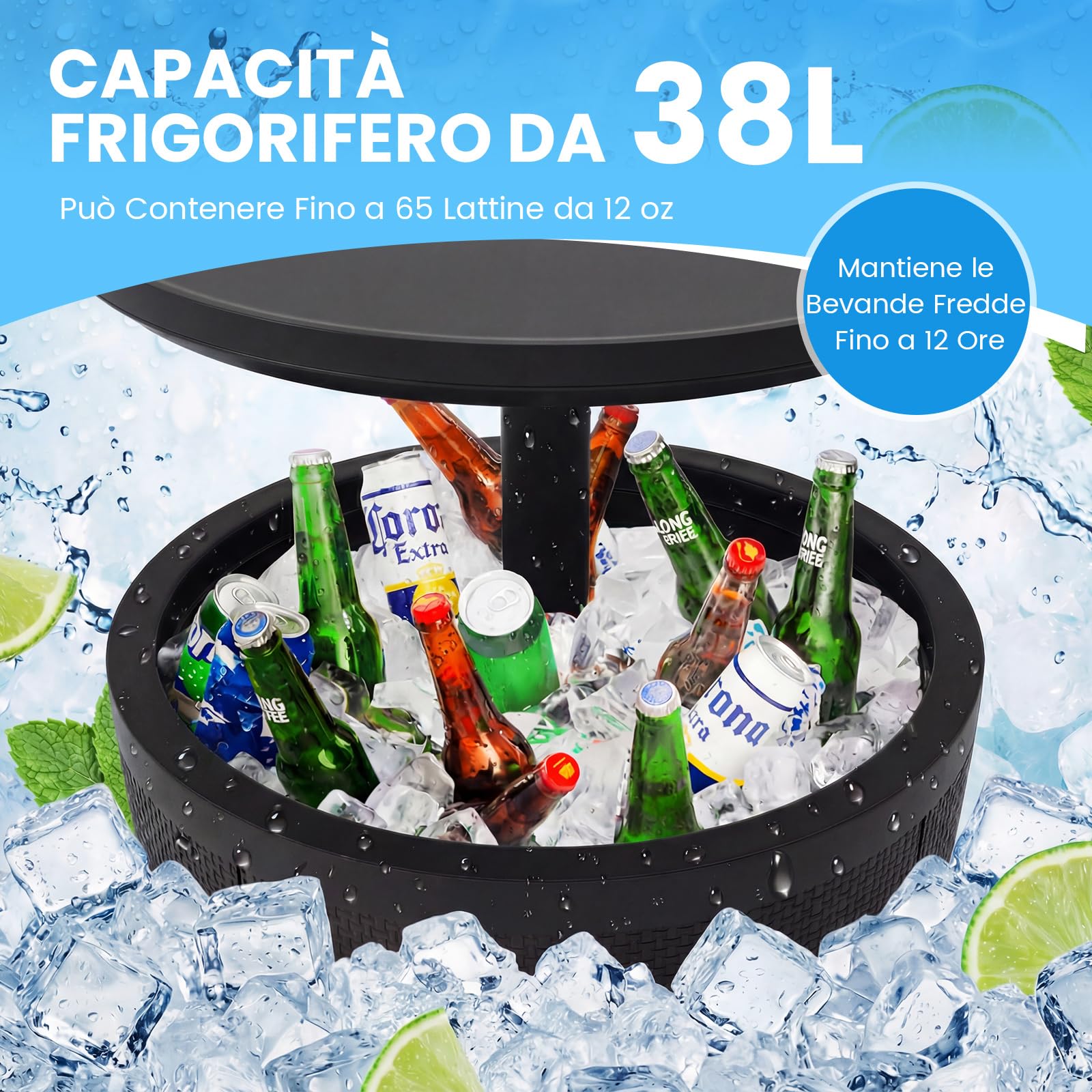 COSTWAY 2 in 1 Tavolino Frigo 38L da Esterno, Secchiello Ghiaccio Regolabile in Altezza 49 x 59-84H cm, Tavolo Bar con Tappo di Drenaggio, per Piscina, Cortile e Campeggio (Nero)