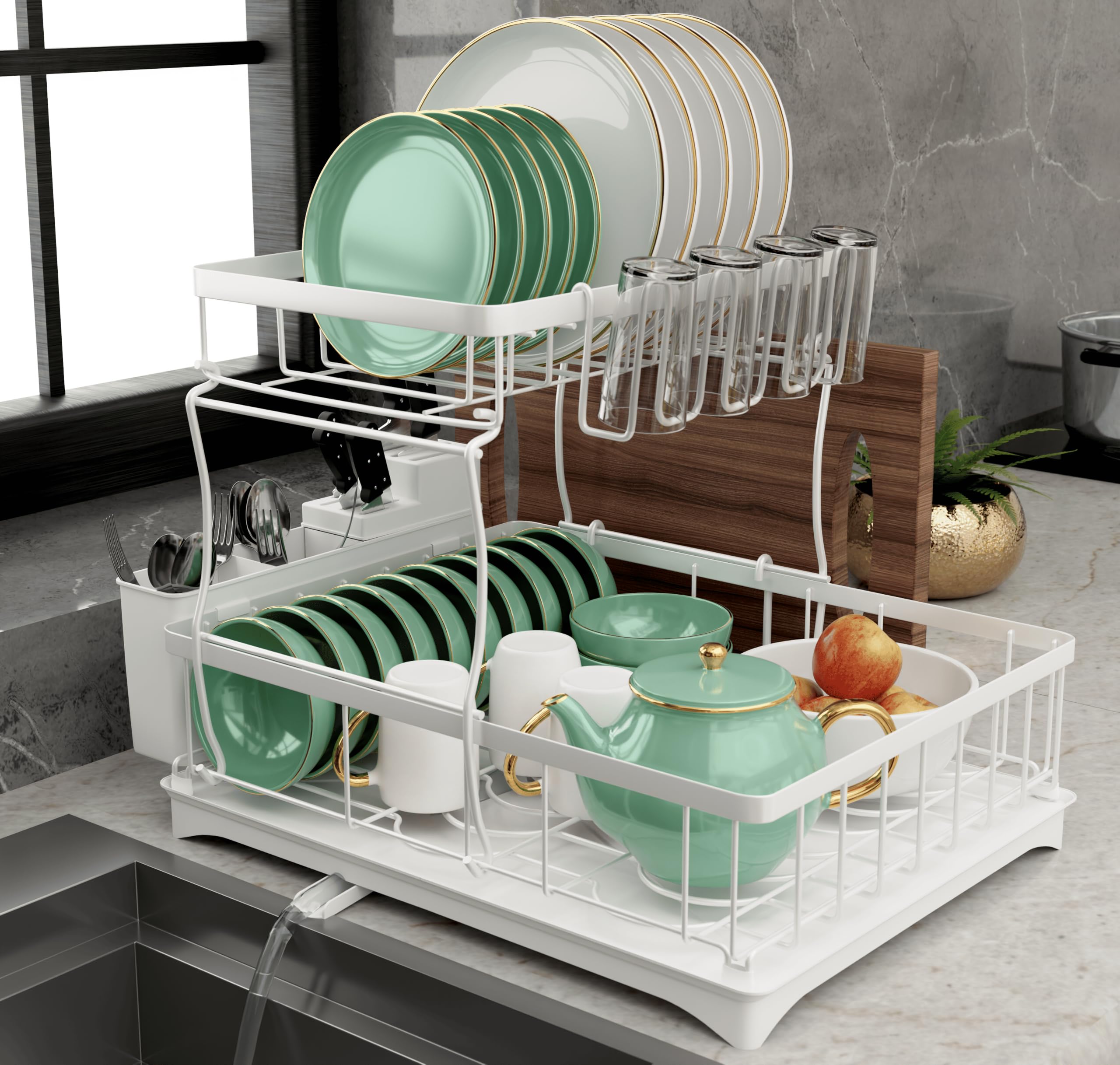 PRIME FEEL 2 Tier Dish Drainer Rack, Rustproof Dish Drying Rack for Kitchen Countertop, Draining Board Rack with Drip Tray, Cutlery Drainer, Glass Holder & Chopping Board Rack, (White)