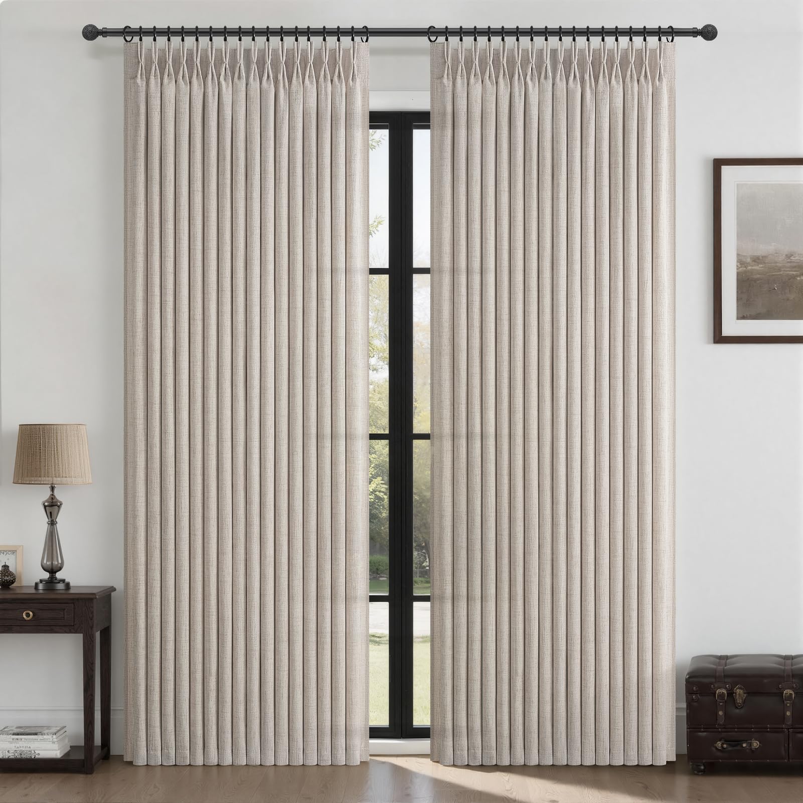 Photo 1 of Pinch Pleated Natural Linen Curtains 96 Inches Long for Living Room, Greyish Brown Memory Trained Light Filtering Boho Windows Drapes 2 Panels Set Privacy Semi Sheer 8FT Length Bedroom Heavy Curtain