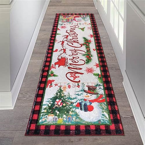 Aopota Alfombra de pasillo de Navidad con parte trasera de goma de 2 x 6 pies, antideslizante, lavable, tapete de camino de cocina de Papá Noel,