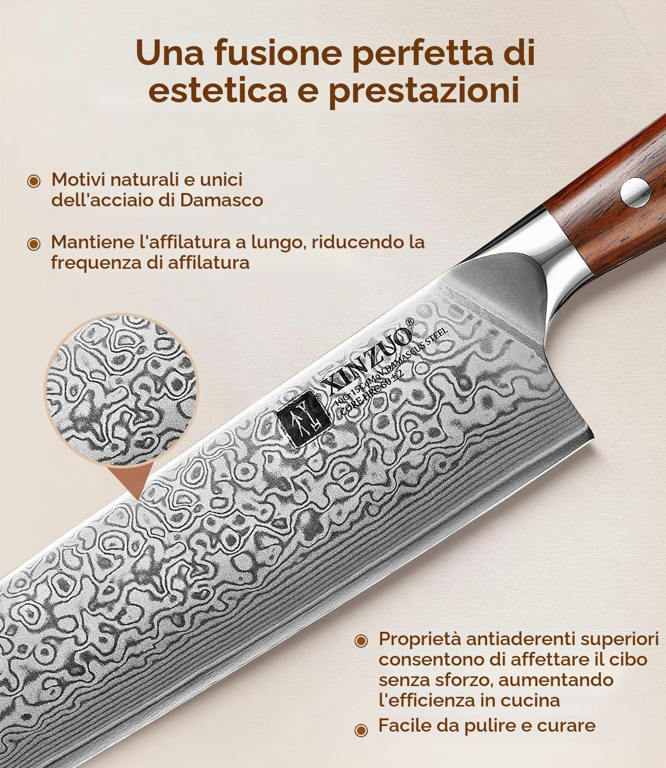 XINZUO 18.5cm Acciaio Damasco Coltello Nakiri, Affilata Coltello da Cucina 67 Strati Acciaio Damasco Professionale Coltello da Cuoco, Adatto per Carne, Verdura, Frutta-con Manico in Legno di Rosa