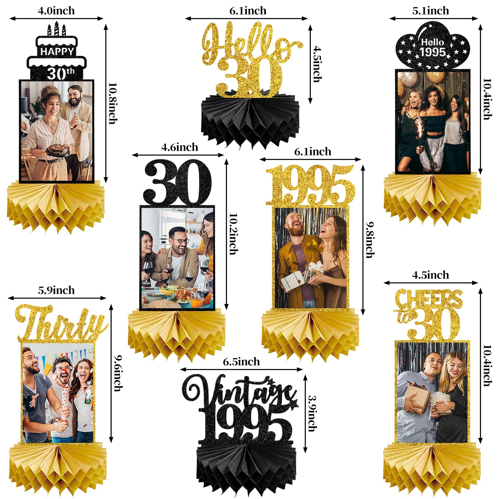 Eucutur 8Pcs 30th Birthday Decorations Honeycomb Centerpieces for Women Men, Black Gold Vintage 1995 30th Bday Photo Table Centerpieces Party Supplies, Glitter Cheers to 30 Year Old Bday Table Topper